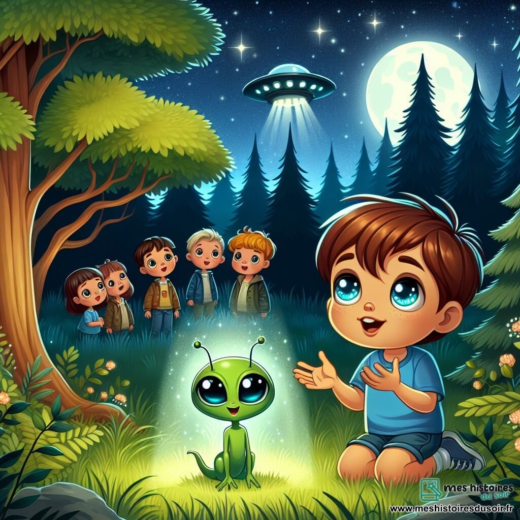 Une illustration sous forme de dessin destinée aux enfants représentant une clairière enchantée dans une forêt verdoyante, où un garçon de 11 ans aux cheveux châtains et aux yeux pétillants, vêtu d'un t-shirt bleu et d'un short, s'agenouille avec émerveillement devant une petite créature extraterrestre verte avec de grands yeux ronds et des antennes, qui émet une douce lumière, tandis qu'un groupe d'enfants curieux, aux expressions fascinées, les observe à distance, capturant l'instant magique où l'amitié entre un terrien et un extraterrestre commence à se tisser sous un ciel étoilé.