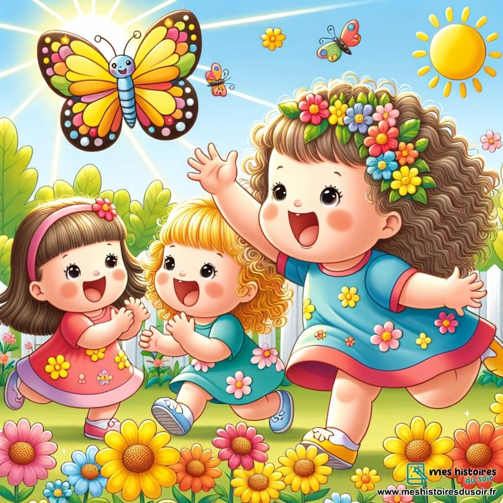 Une illustration sous forme de dessin destinée aux enfants représentant un jardin ensoleillé rempli de fleurs colorées, où un groupe de trois petites filles de 1 an, aux cheveux bouclés et vêtues de robes vives, court joyeusement après un papillon aux ailes brillantes, tandis qu'une des filles, avec des pétales de fleurs accrochés à ses cheveux, rit aux éclats, et les deux autres, les bras levés, essaient de l'attraper, créant une scène pleine de rires et de bonheur.