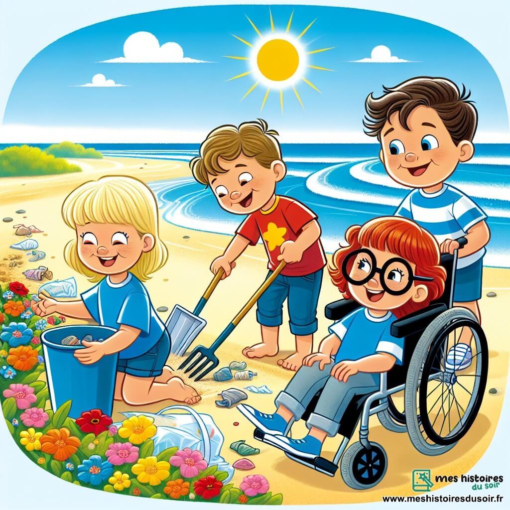 Une illustration sous forme de dessin destinée aux enfants représentant une plage ensoleillée avec du sable doré et des vagues douces, où un groupe de quatre enfants de cinq ans, deux garçons aux cheveux blonds et bruns, et deux filles aux cheveux châtains et roux, s'affairent joyeusement à ramasser des déchets tout en riant, tandis qu'un garçon en fauteuil roulant, avec des lunettes et un grand sourire, les encourage à planter des fleurs colorées autour d'eux, créant une atmosphère de camaraderie et de protection de la nature.