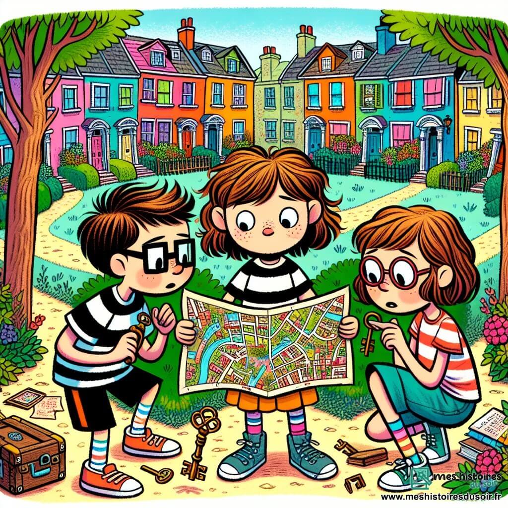 Une illustration sous forme de dessin destinée aux enfants représentant une scène colorée dans un quartier résidentiel animé, avec des maisons aux volets multicolores et des jardins fleuris, où une fille de 11 ans aux cheveux bruns en bataille, vêtue d'un t-shirt rayé et d'un short, examine avec curiosité une carte mystérieuse, entourée de son meilleur ami, un garçon aux lunettes et aux cheveux châtains, qui tient une vieille clé, tandis qu'une autre fille, talentueuse en dessin, observe avec enthousiasme, tous trois prêts à résoudre un mystère captivant dans leur rue des Étoiles.