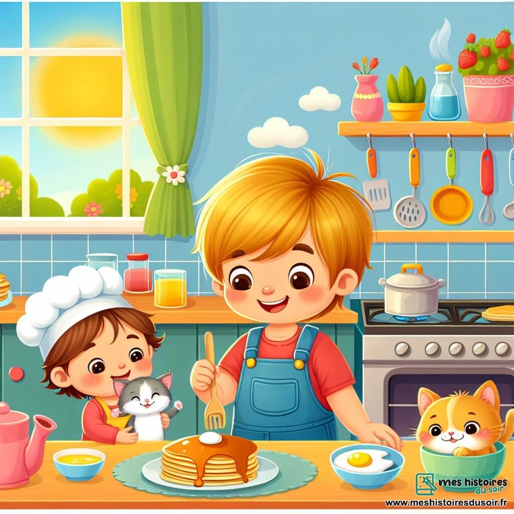 Une illustration destinée aux enfants représentant un jeune garçon préparant un petit déjeuner surprise pour sa maman avec l'aide de son fidèle chaton espiègle, dans une cuisine lumineuse et chaleureuse remplie d'ustensiles colorés et de délicieuses odeurs de pancakes.