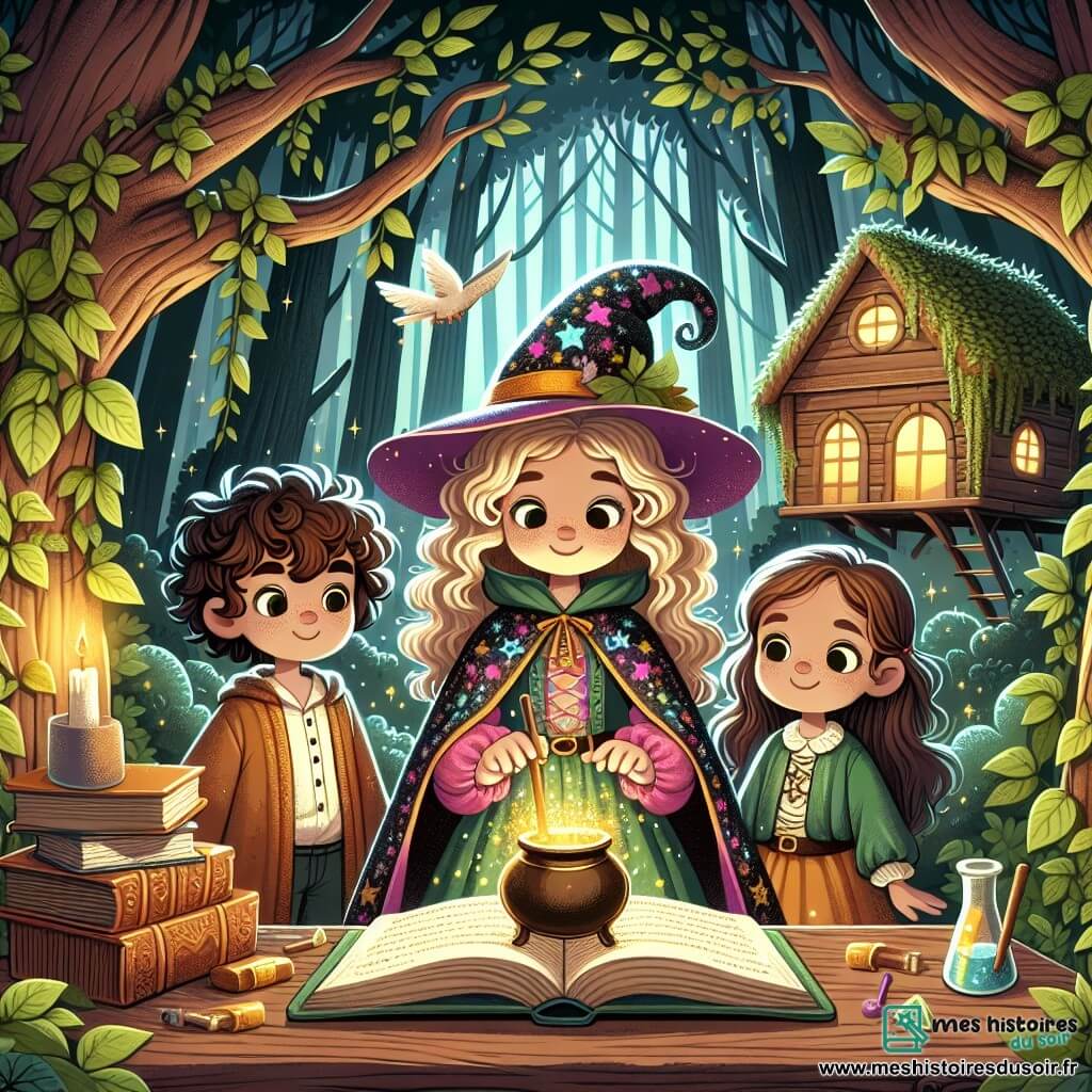Une illustration sous forme de dessin destinée aux enfants représentant une forêt enchantée, avec des arbres majestueux aux feuilles scintillantes et une cabane en bois couverte de lierre, où une jeune fille aux cheveux bouclés et vêtue d'une robe colorée d'apprentie sorcière, tenant un grimoire ouvert, est entourée de deux amis : un garçon aux cheveux bouclés et une fille aux cheveux longs, tous deux souriants et intrigués, alors qu'ils concoctent ensemble une potion magique qui brille d'une lueur dorée sur une table en bois, illustrant leur enthousiasme et leur amitié dans leur quête de magie.