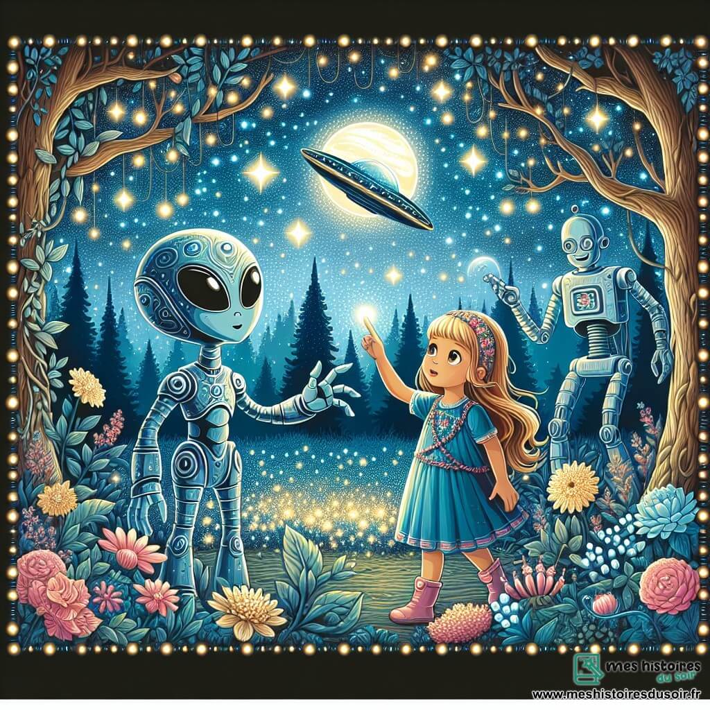 Une illustration destinée aux enfants représentant une jeune fille émerveillée par sa rencontre avec un extraterrestre venu de la planète Xéon, accompagné de son robot traducteur, dans un jardin enchanté illuminé par des étoiles scintillantes.