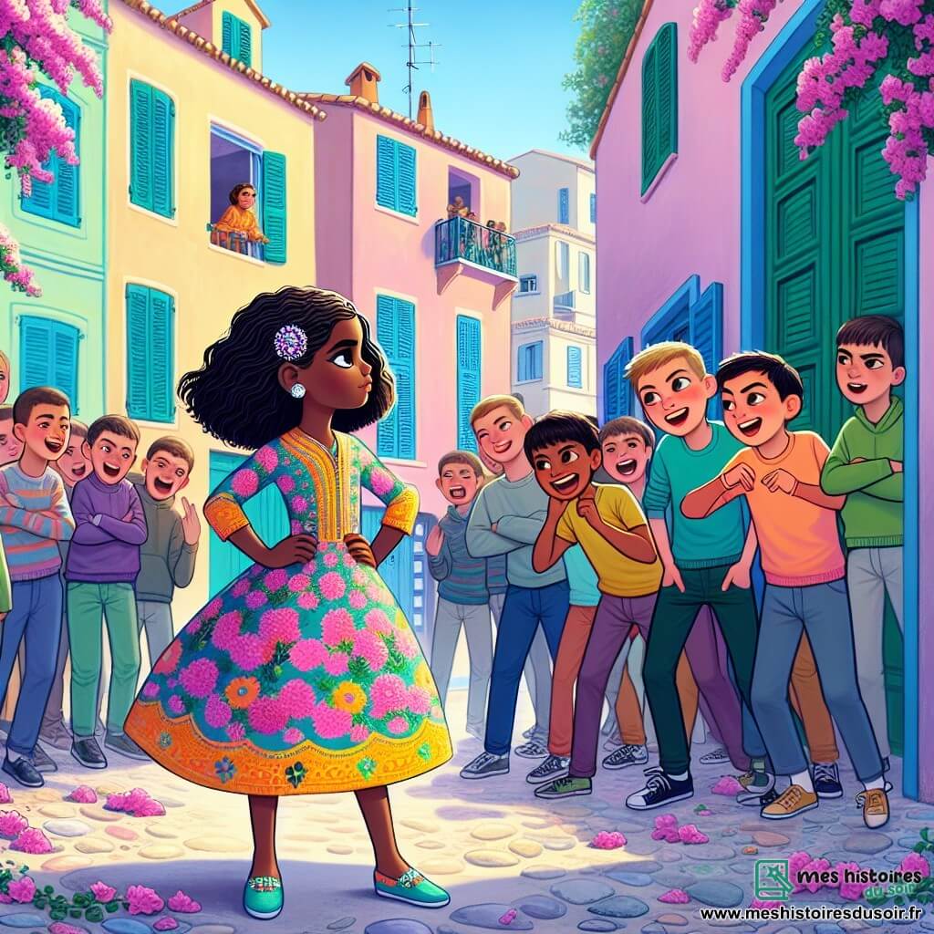 Une illustration sous forme de dessin destinée aux enfants représentant une scène vibrante dans un quartier coloré de Marseille, avec des bâtiments aux façades pastel et des bougainvilliers en fleurs, où une fille de 12 ans aux cheveux bruns et aux yeux pétillants, vêtue d'une robe colorée, se tient courageusement devant un groupe de garçons moqueurs, tandis qu'une autre fille de 12 ans, d'origine algérienne avec des cheveux noirs et des yeux bruns, la regarde avec admiration, illustrant leur amitié face aux préjugés et à la diversité culturelle.