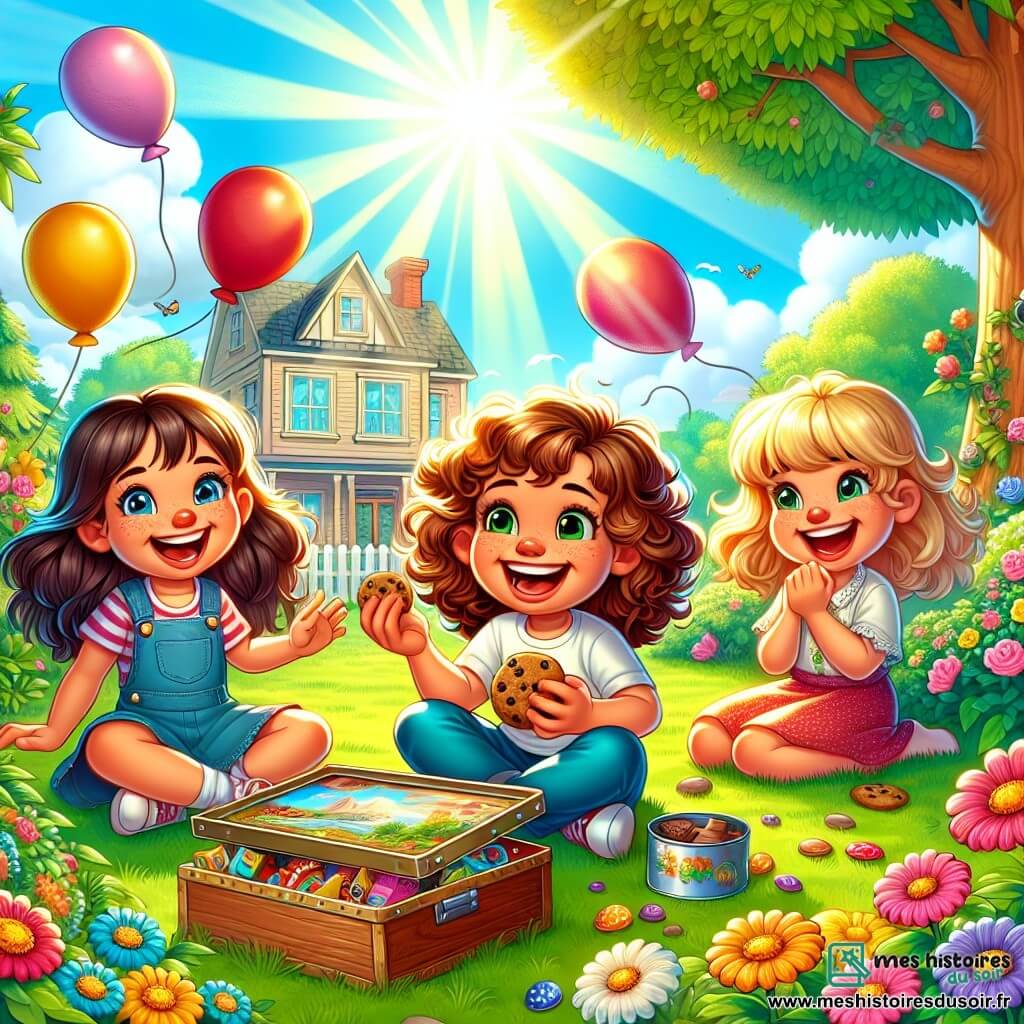 Illustration d'une scène joyeuse dans un jardin ensoleillé, rempli de fleurs colorées et d'arbres majestueux. Au centre, une petite fille de sept ans, aux cheveux bouclés et au sourire éclatant, est entourée de deux amies. L'une, aux cheveux lisses et bruns, tient un biscuit au chocolat, tandis que l'autre, blonde et ondulée, rit en montrant une boîte de vieux jouets. Les trois enfants sont assis sur l'herbe verte, leurs visages illuminés par la joie. En arrière-plan, une maison en bois avec des fenêtres ouvertes laisse entrer la lumière, et des ballons colorés flottent, ajoutant une touche festive. Cette scène symbolise l'amitié et le bonheur partagé.