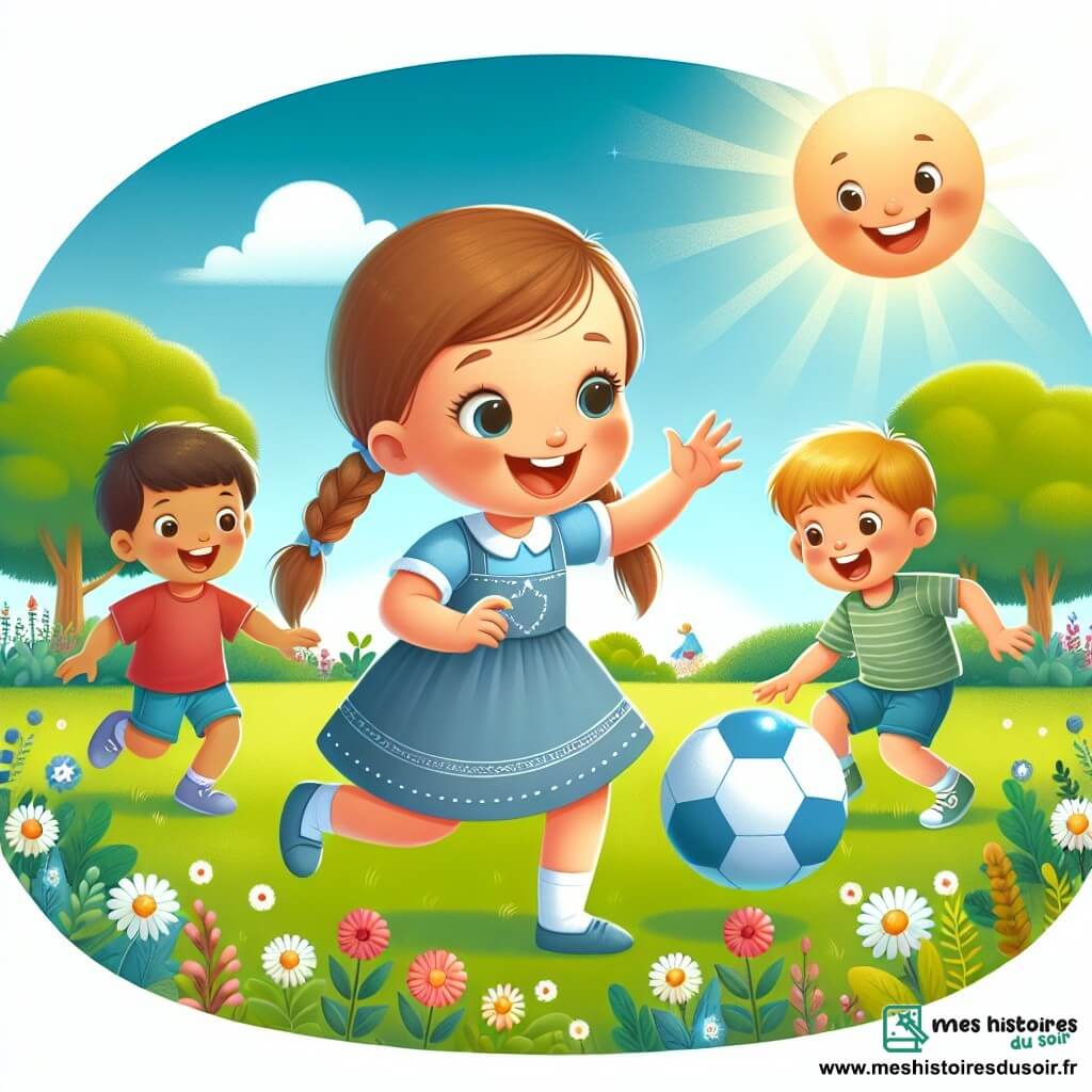 Une illustration destinée aux enfants représentant une petite fille joyeuse jouant au ballon avec ses amis dans un parc verdoyant, sous un ciel bleu et ensoleillé.
