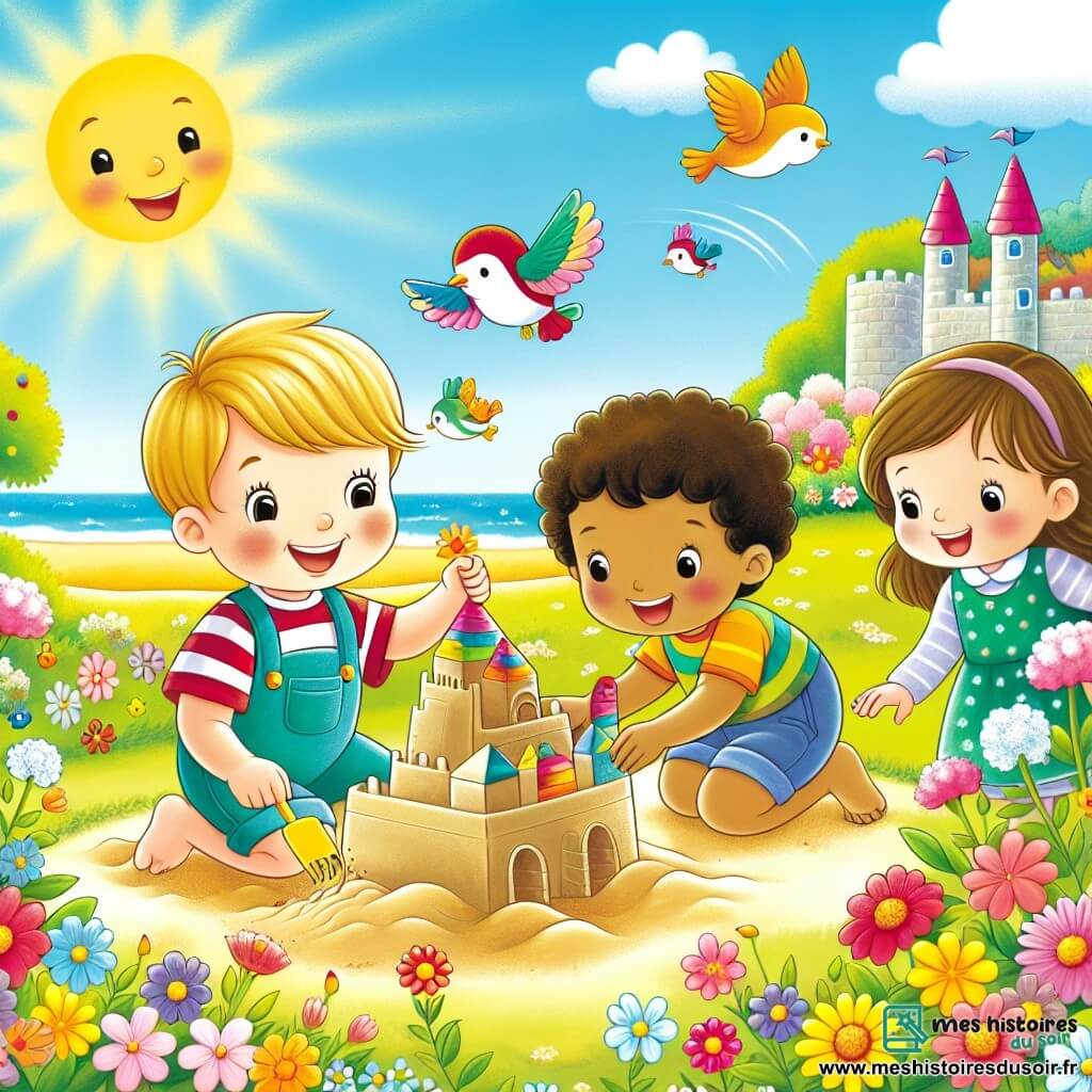 Une illustration destinée aux enfants représentant un petit garçon joyeux découvrant le printemps, accompagné de ses amis, un garçon et une petite fille, construisant un château de sable dans un jardin ensoleillé rempli de fleurs colorées et d'oiseaux chantants.