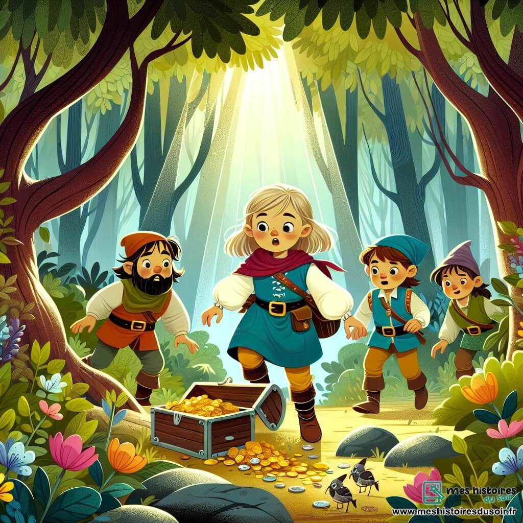 Une illustration destinée aux enfants représentant une petite fille courageuse, accompagnée de ses amis, explorant une forêt dense et mystérieuse, où ils découvrent un trésor caché, avec en toile de fond des arbres majestueux, des fleurs colorées et des rayons de soleil filtrant à travers les feuillages.