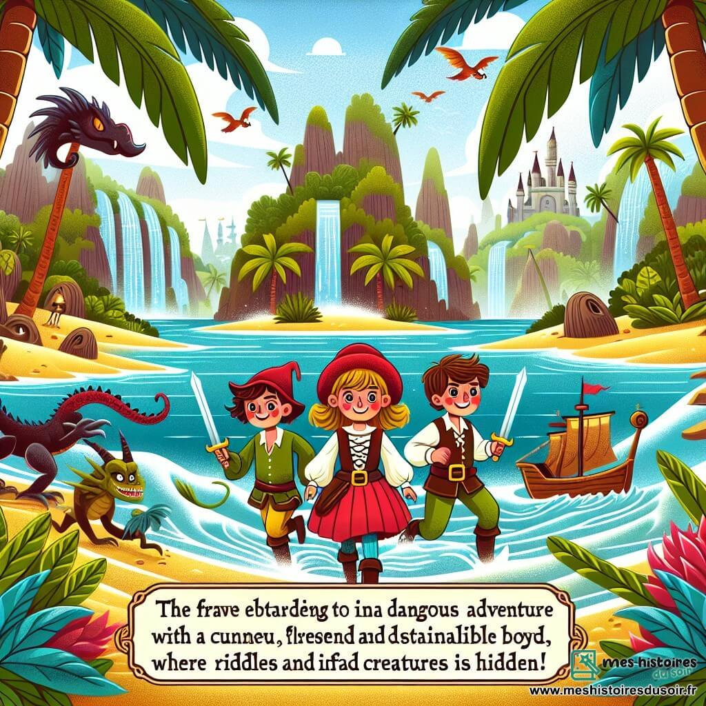 Une illustration destinée aux enfants représentant une jeune fille courageuse se lançant dans une aventure périlleuse avec ses amis, un garçon rusé et une petite fille pleine de ressources, sur une île mystérieuse aux plages de sable fin bordées de palmiers et de cascades scintillantes, où se cachent des énigmes et des créatures fantastiques.