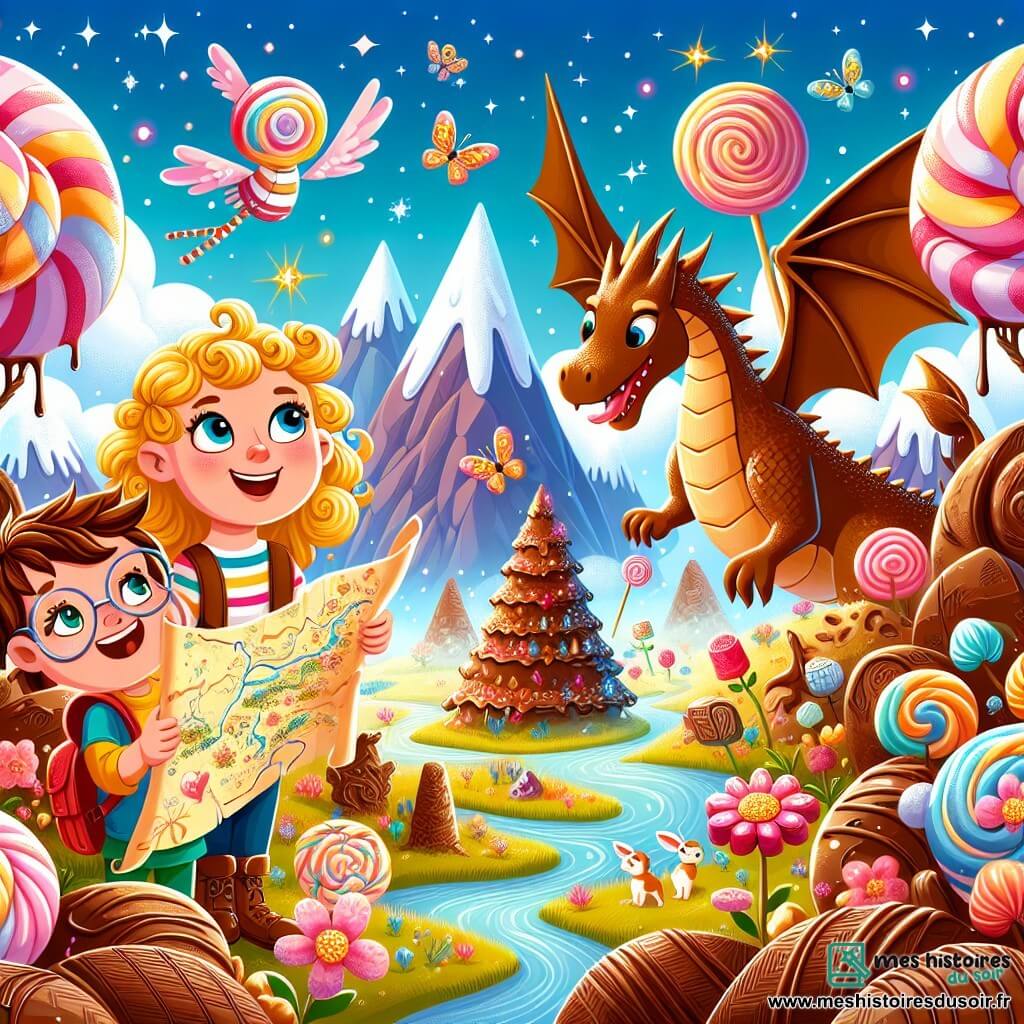 Illustration d'un paysage féerique d'un monde chocolaté, avec des montagnes en chocolat scintillant sous un ciel bleu pastel. Des rivières de caramel serpentent à travers des prairies de guimauve, tandis que des arbres en réglisse se dressent, ornés de fleurs en sucre coloré. Au premier plan, une petite fille aux cheveux bouclés dorés, âgée d'environ sept ans, sourit, tenant une carte magique. À ses côtés, un garçon aux lunettes colorées, également âgé de sept ans, observe un dragon en chocolat aux écailles brillantes et au large sourire amical. Le dragon, avec ses grandes ailes déployées, semble prêt à s'envoler, ajoutant une touche de magie. Les enfants découvrent ce monde sucré, entourés de créatures fantastiques comme des lapins en guimauve et des oiseaux chantants, tandis qu'une rivière de chocolat les invite à s'amuser. Des éclats de chocolat flottent dans l'air, créant une atmosphère joyeuse et ludique, pleine de rires et d'aventures.