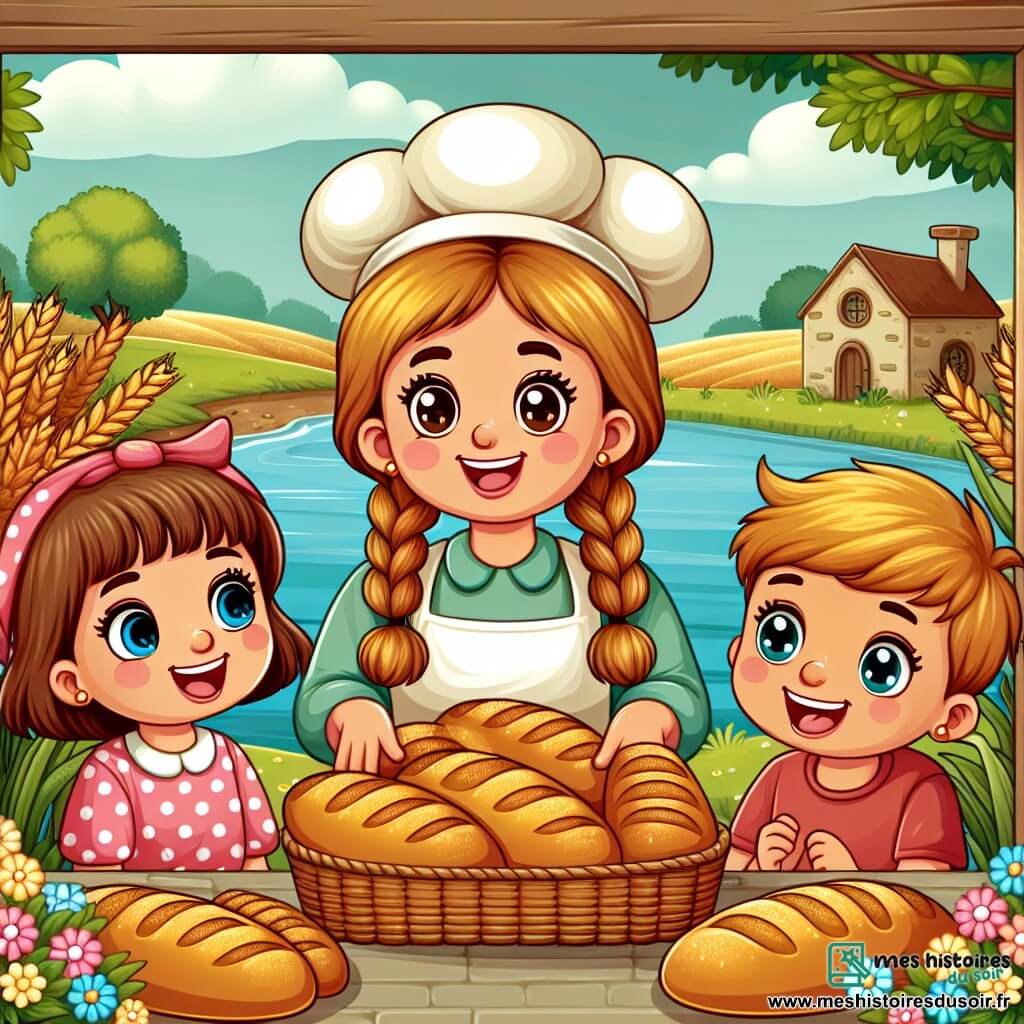Une illustration destinée aux enfants représentant une gentille dame boulangère, entourée de deux enfants curieux, un garçon et une fille, dans sa charmante boulangerie au bord de la rivière, où les pains dorés semblent presque magiques.