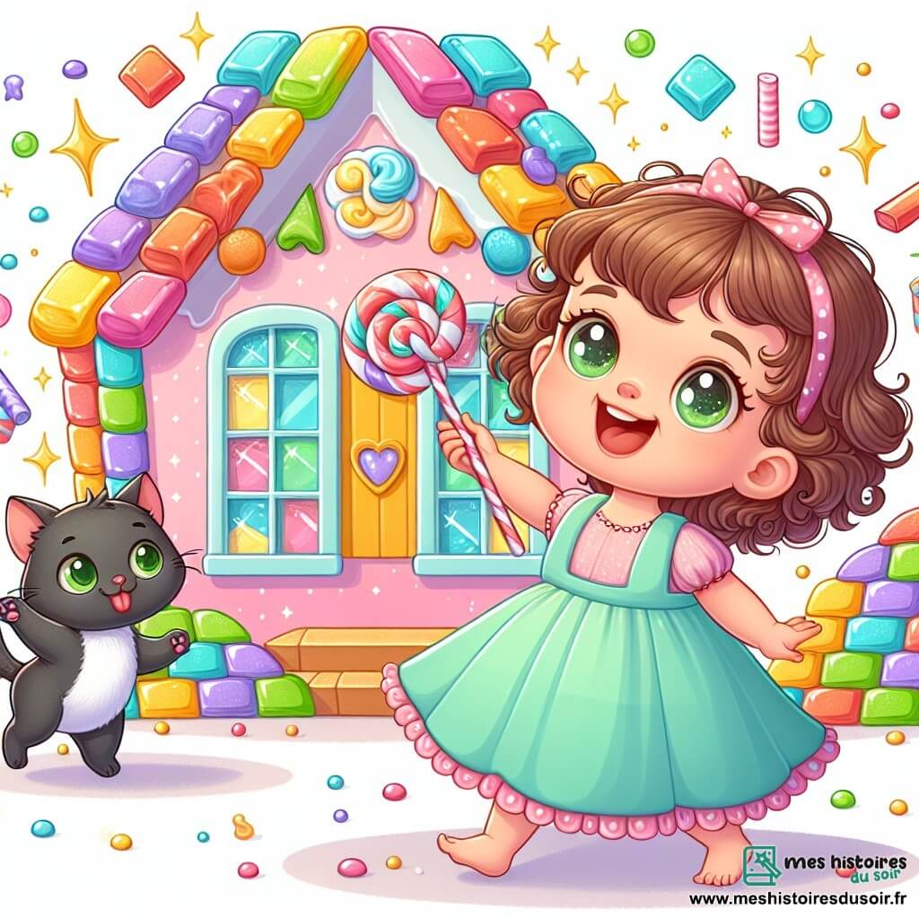 Une illustration sous forme de dessin destinée aux enfants représentant une maison en bonbons colorés, avec des murs en sucre et des fenêtres en chocolat, où une petite fille de 1 an aux cheveux bouclés et aux yeux pétillants, vêtue d'une robe en tissu pastel, agite joyeusement une baguette en sucre, tandis qu'un chat noir aux yeux verts, espiègle et curieux, observe la scène avec un air amusé, alors que la maison commence à danser de manière comique, créant une ambiance de magie humoristique et de joie enfantine.