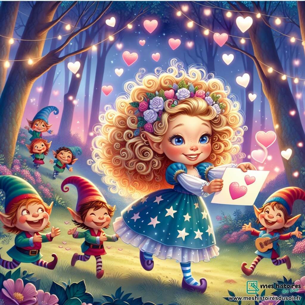 Une illustration sous forme de dessin destinée aux enfants représentant une clairière enchantée baignée par la lumière douce du crépuscule, où une fille de 11 ans aux cheveux bouclés et dorés, vêtue d'une robe parsemée d'étoiles, sourit joyeusement en distribuant des invitations en forme de cœur à ses amis, tandis que des lutins malicieux aux chapeaux colorés dansent autour d'elle, créant une ambiance festive et magique pour célébrer une fête de Saint-Valentin pleine de rires et d'amitié.