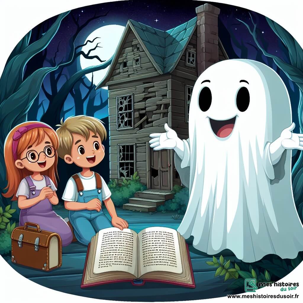Une illustration destinée aux enfants représentant un fantôme gentil racontant son histoire à deux enfants courageux dans une vieille maison hantée aux fenêtres cassées et aux portes bloquées, cachée au cœur de la forêt mystérieuse.