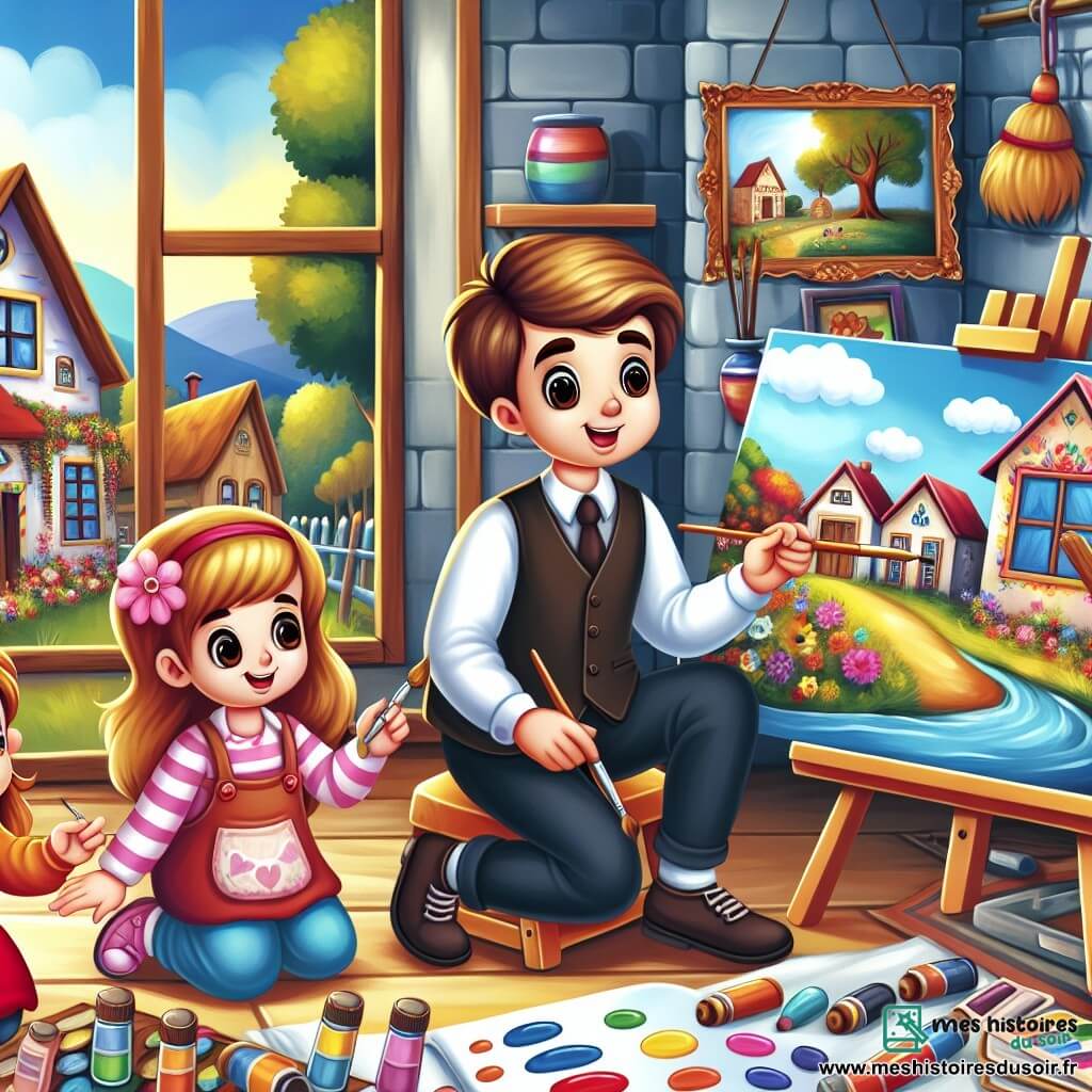 Une illustration destinée aux enfants représentant un artiste talentueux, deux jeunes enfants curieux, une fille et un garçon, et un atelier coloré rempli de peintures et de sculptures magnifiques dans un petit village paisible.