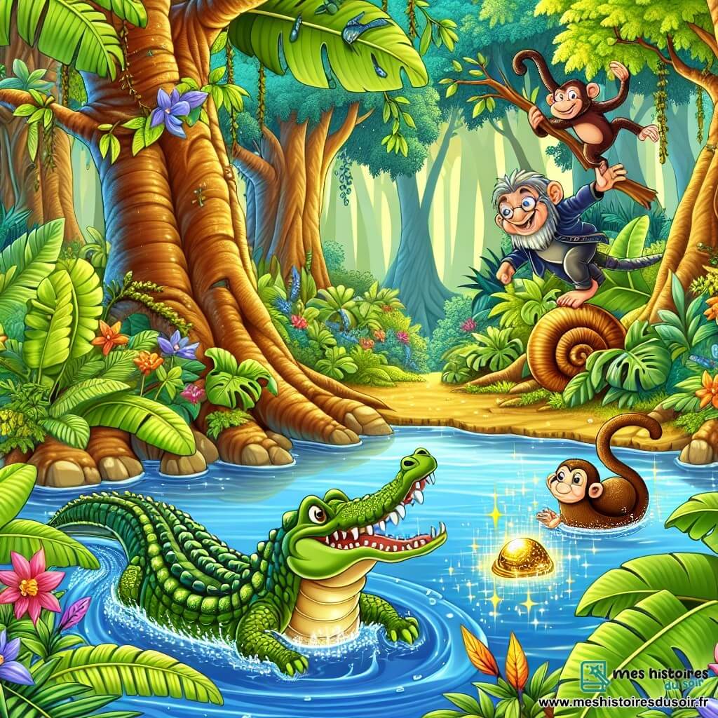 Une illustration sous forme de dessin destinée aux enfants représentant une jungle luxuriante, avec des arbres géants aux feuilles éclatantes et des fleurs colorées, où un crocodile aux écailles vertes et brillantes, curieux et déterminé, nage joyeusement dans une rivière scintillante, tandis qu'une limace philosophique aux yeux malicieux se déplace lentement sur une feuille de bananier à proximité, et un singe farceur aux poils bruns et aux yeux pétillants balance d'une branche à l'autre, tous ensemble découvrant un mystérieux médaillon en or qui scintille au fond de l'eau, symbolisant leur quête d'aventure et d'amitié.
