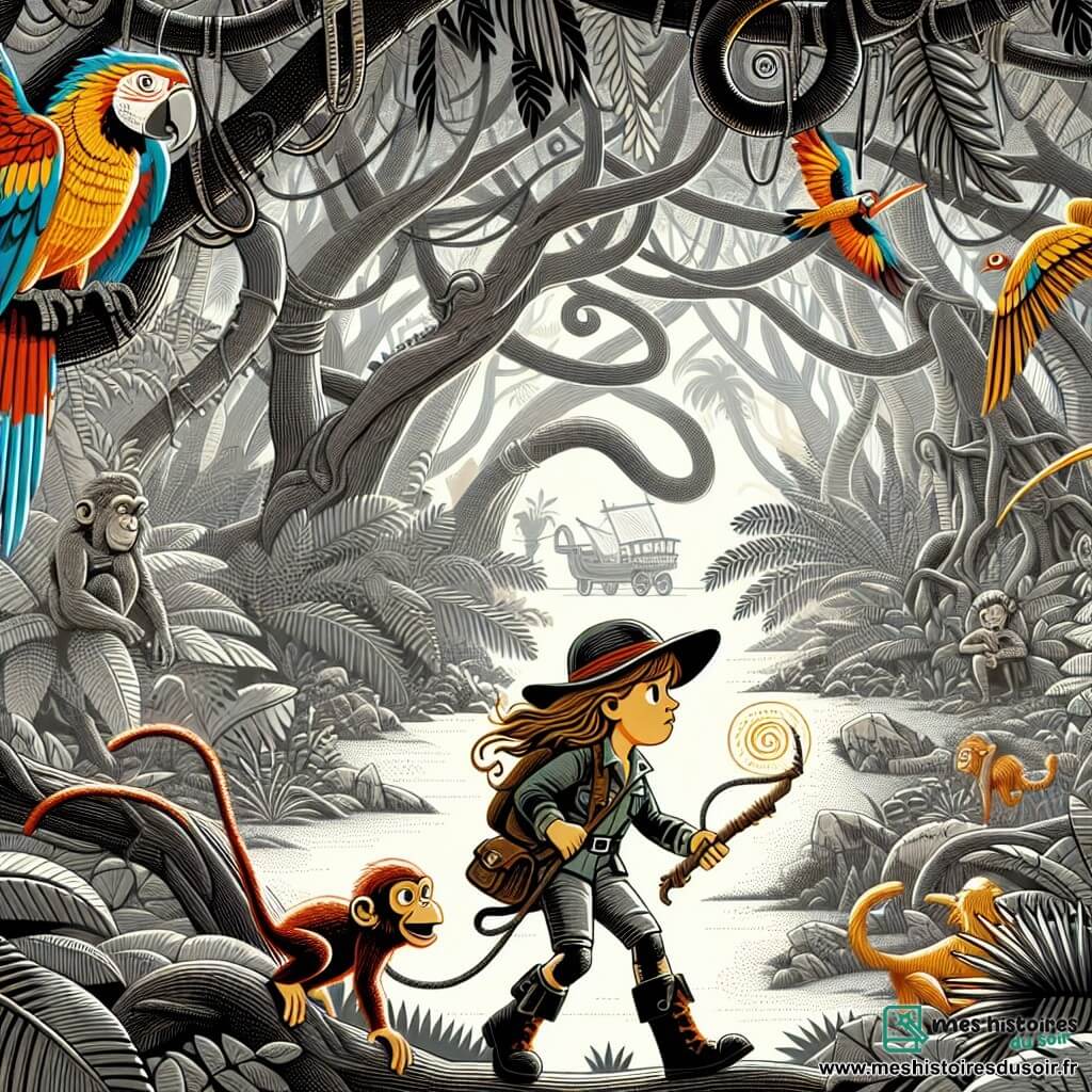 Une illustration destinée aux enfants représentant une jeune exploratrice intrépide se lançant dans une jungle mystérieuse aux arbres immenses et aux singes malicieux, accompagnée de son fidèle perroquet aux plumes multicolores.