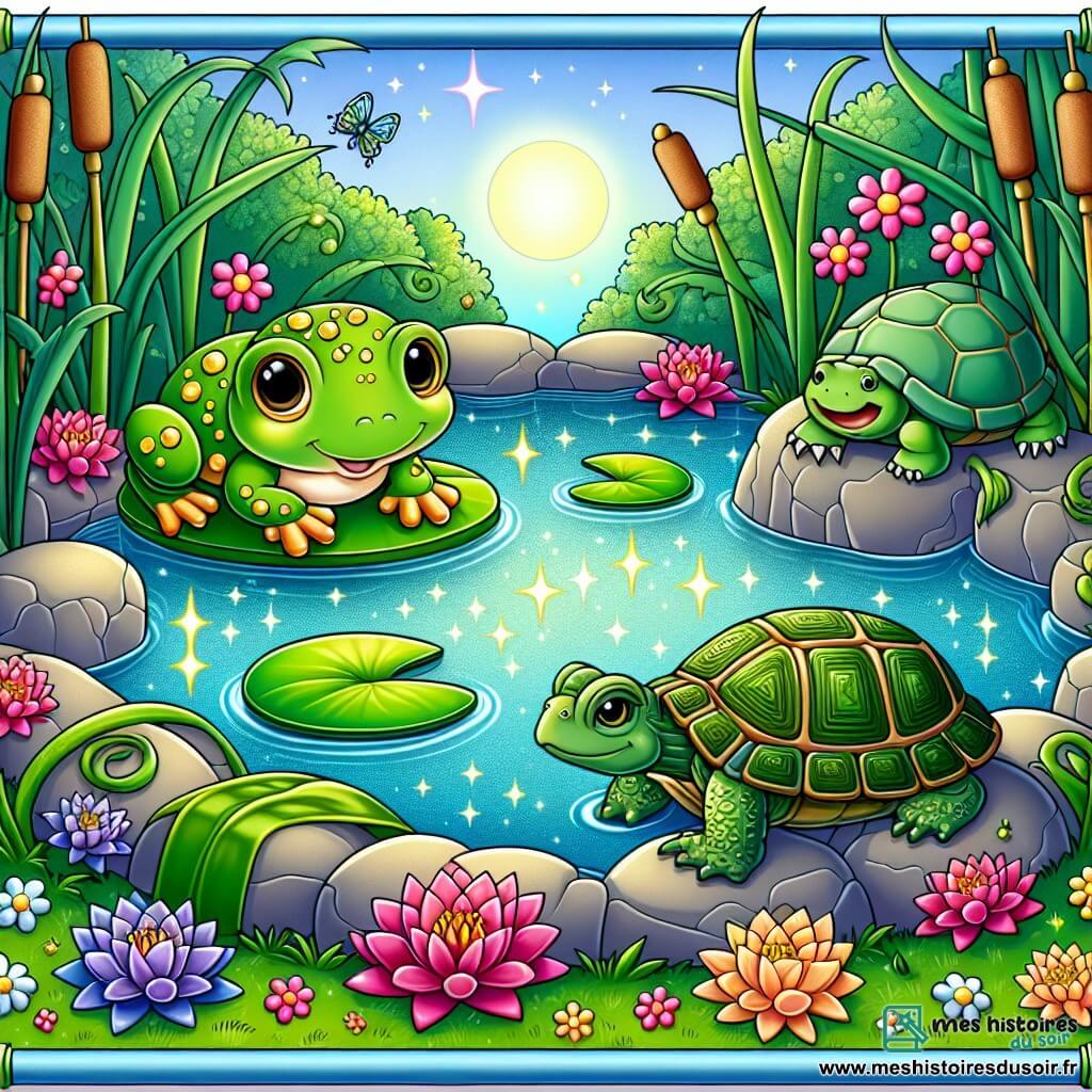 Une illustration sous forme de dessin destinée aux enfants représentant un lac enchanté aux eaux cristallines, entouré de fleurs colorées et de joncs verdoyants, où une petite grenouille verte aux taches dorées, aux grands yeux ronds et curieux, se tient sur un nénuphar, prête à explorer, tandis qu'à ses côtés, une tortue au carapace rayée se prélasse au soleil, et un gros crapaud aux yeux perçants et à la peau rugueuse, assis sur une pierre magique, pose une énigme, créant une atmosphère de mystère et d'aventure.