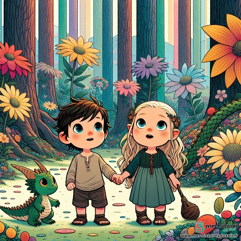 Une illustration sous forme de dessin destinée aux enfants représentant une forêt enchantée, avec des arbres aux troncs colorés et des fleurs géantes, où un groupe de deux enfants de 1 an, un garçon aux yeux brillants et une fille aux cheveux dorés, se tiennent main dans la main, émerveillés, tandis qu'un petit dragon aux écailles vertes et aux yeux doux les regarde avec espoir, alors qu'ils se préparent à affronter un sorcier mystérieux pour récupérer un trésor volé.