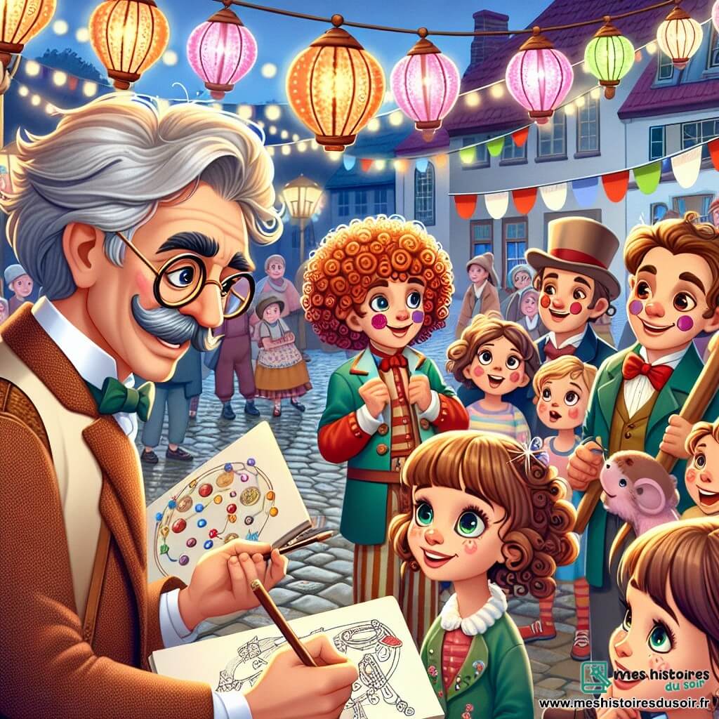 Une illustration sous forme de dessin destinée aux enfants représentant une place de village animée, décorée de lanternes colorées et de stands de jeux, où un homme à la cinquantaine, avec une moustache soignée et des lunettes rondes, observe attentivement un jongleur aux cheveux bouclés, tandis qu'une jeune fille aux cheveux châtains et aux yeux pétillants, son assistante, prend des notes avec enthousiasme, alors qu'ils tentent de résoudre le mystère d'un collier volé lors du festival des étoiles, entourés d'enfants curieux et de spectateurs captivés par le spectacle.
