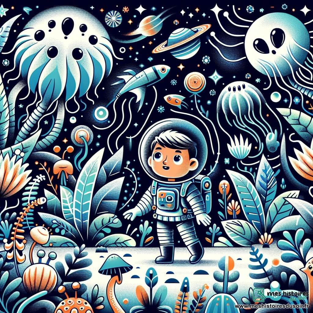 Une illustration destinée aux enfants représentant un astronaute courageux, un garçon, explorant une jungle extraterrestre peuplée de plantes lumineuses et de créatures étranges, dans un lointain futuriste.