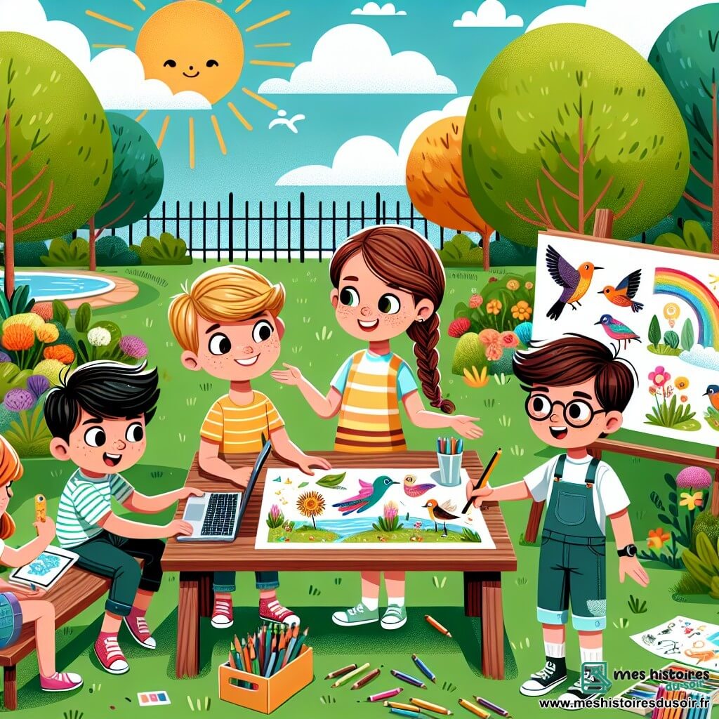 Illustration d'un parc verdoyant en été, avec de grands arbres aux feuilles vertes, des fleurs colorées sur l’herbe et un ciel bleu avec quelques nuages blancs. Au centre, quatre enfants souriants sont autour d'une table en bois, engagés dans une activité créative. Une fille de 10 ans avec de longs cheveux bruns tressés, en t-shirt jaune et short en jean, montre un dessin d’oiseau à ses amis. Un garçon de 11 ans, avec des cheveux blonds en bataille et lunettes, est assis sur une chaise, concentré sur un ordinateur portable. Une autre fille de 9 ans, avec des cheveux roux et des taches de rousseur, tient une affiche colorée décorée de dessins d’animaux, tandis qu’un garçon de 10 ans, avec des cheveux bruns, explique une idée avec enthousiasme. Ils préparent un événement pour sensibiliser leur communauté au changement climatique, entourés d'affiches colorées, de crayons de couleur et de dessins d'oiseaux symbolisant la nature à protéger, le tout sous des rayons de soleil qui ajoutent une ambiance joyeuse à leur engagement pour la planète.