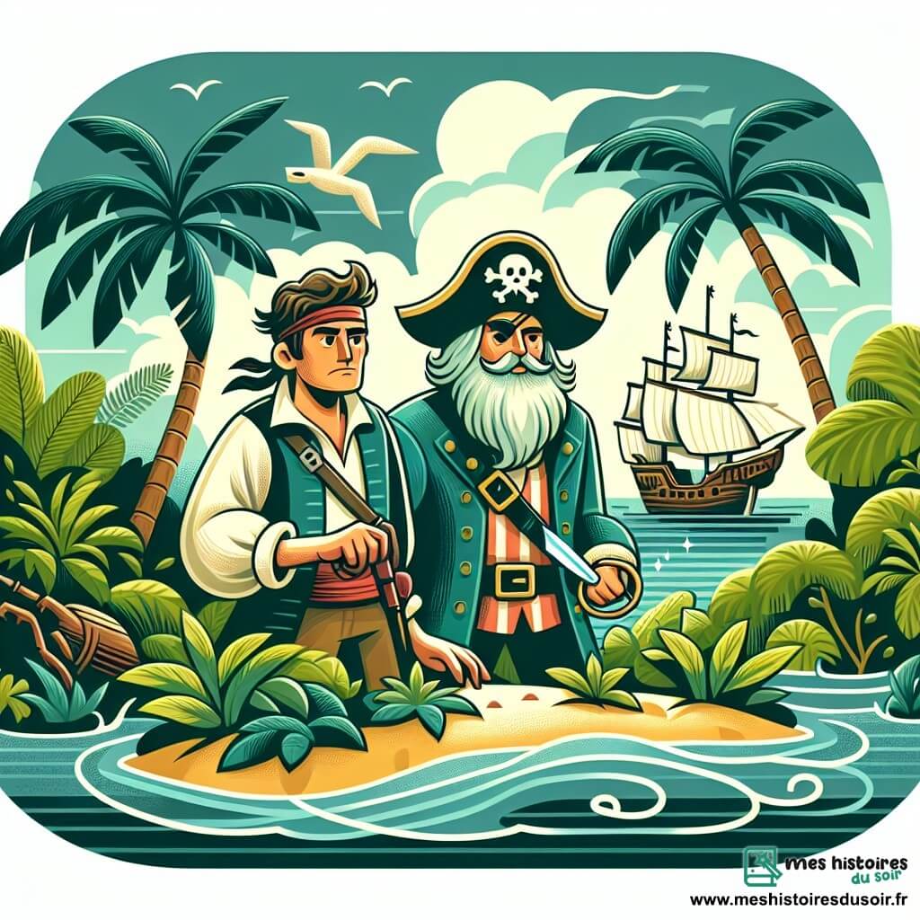 Une illustration destinée aux enfants représentant un courageux capitaine pirate, au milieu d'une île luxuriante et mystérieuse, accompagné de son fidèle matelot garçon, naviguant à la recherche du trésor perdu.