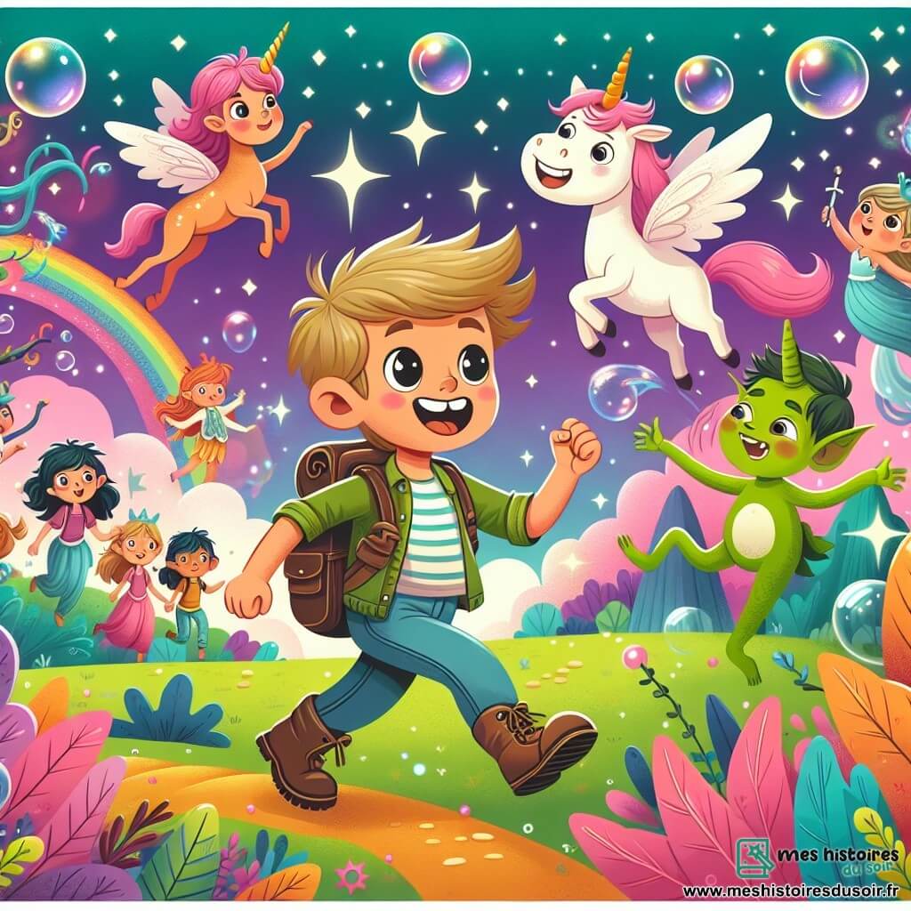 Une illustration destinée aux enfants représentant un jeune garçon intrépide et curieux se lançant dans une aventure magique aux côtés d'un lutin espiègle, explorant un royaume enchanté aux couleurs vives, rempli de licornes dansantes, de dragons bulleur et d'arbres chanteurs.