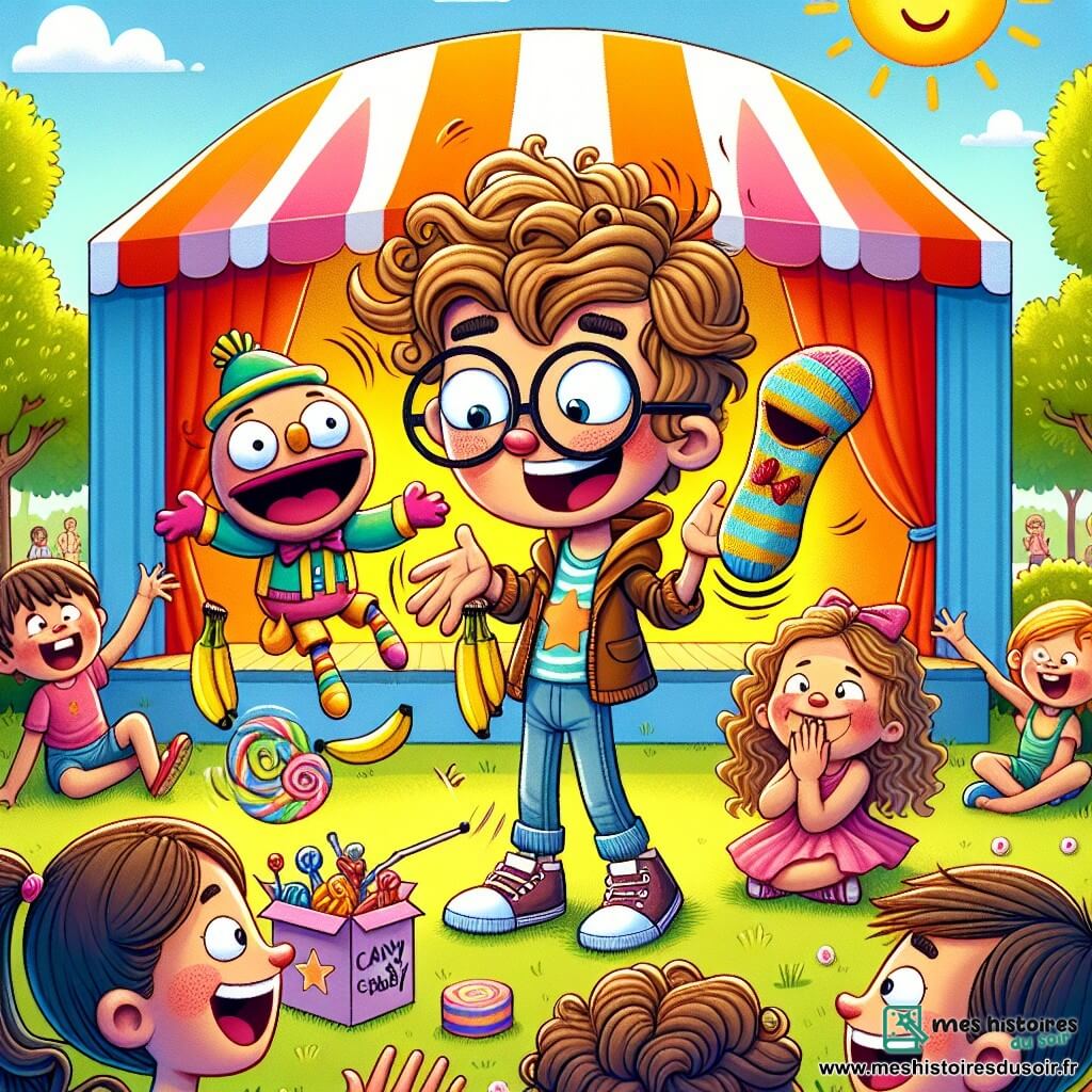Une illustration sous forme de dessin destinée aux enfants représentant un parc ensoleillé avec une grande scène colorée, où un garçon de 12 ans aux cheveux en bataille et aux lunettes rondes, jonglant maladroitement avec des bananes tout en tenant une marionnette en chaussette, est entouré de ses amis : une fille aux cheveux bouclés et au sourire malicieux, riant aux éclats, et un garçon aux cheveux bruns, tenant une boîte de bonbons, tous deux encourageant le garçon dans son défi comique, tandis qu'un public amusé les observe avec des expressions de joie et d'émerveillement.