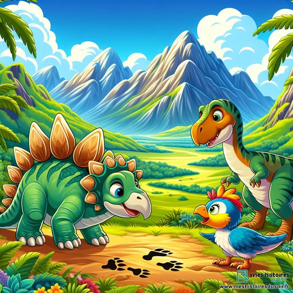Une illustration sous forme de dessin destinée aux enfants représentant une vaste vallée verdoyante, entourée de montagnes majestueuses sous un ciel bleu éclatant, avec un jeune stégosaure aux plaques osseuses en forme de boucliers brillants, curieusement penché sur des empreintes mystérieuses dans le sol, tandis qu'un petit vélociraptor aux plumes colorées et une triceratops joyeuse l'observent avec enthousiasme, tous trois captivés par la découverte d'un nouveau dinosaure et prêts à vivre une aventure ensemble.