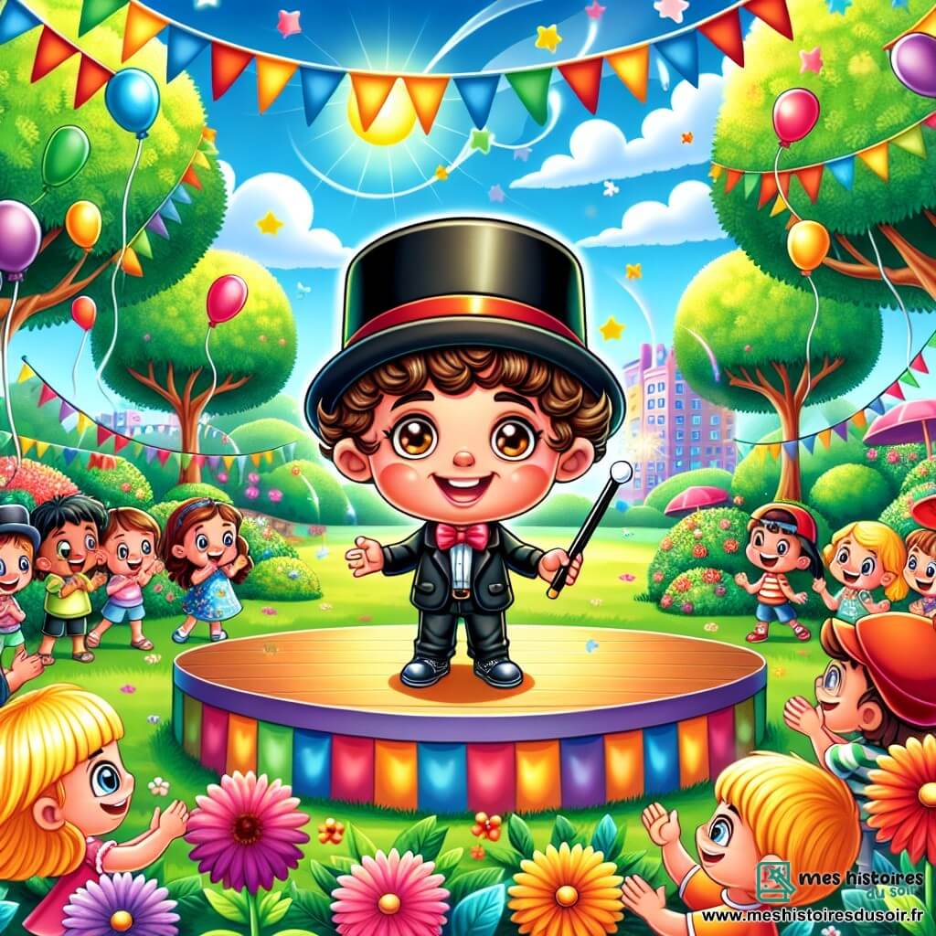 Illustration d'un parc ensoleillé, avec des arbres aux feuilles vertes et des fleurs multicolores. Au centre, un garçon de 5 ans, aux grands yeux brillants et aux boucles brunes, porte un chapeau noir et tient une baguette magique. Sur scène, il sourit, prêt à réaliser son tour de magie. Autour de lui, plusieurs enfants l'encouragent, dont une fille blonde de 6 ans levant les bras et un garçon de 5 ans en casquette rouge qui applaudit. L'ambiance est excitante, avec des ballons colorés dans le ciel et des spectateurs souriants. En arrière-plan, des drapeaux colorés flottent, ajoutant une touche festive à cette scène de confiance et de camaraderie.