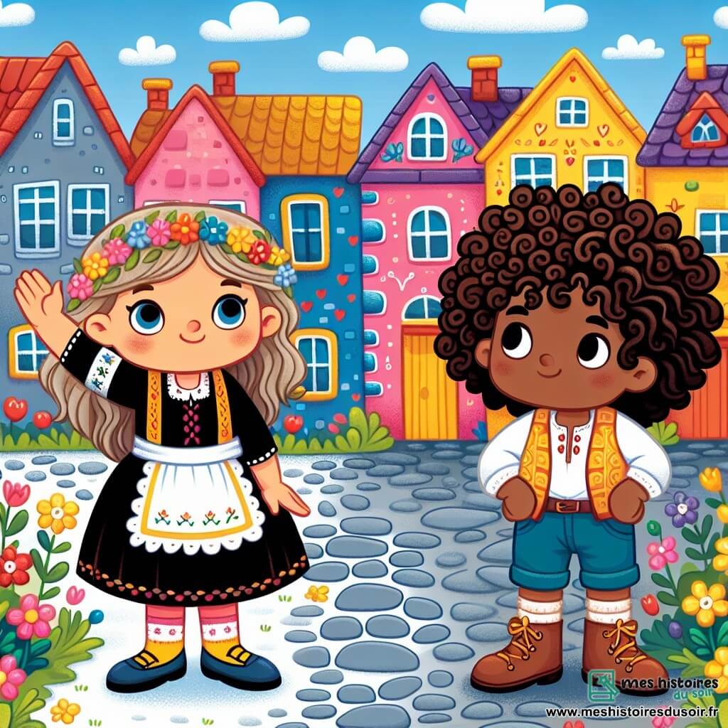 Une illustration destinée aux enfants représentant une petite fille courageuse faisant face à des préjugés avec son nouvel ami aux cheveux bouclés, dans un village coloré aux maisons en pierre et aux rues pavées bordées de fleurs.