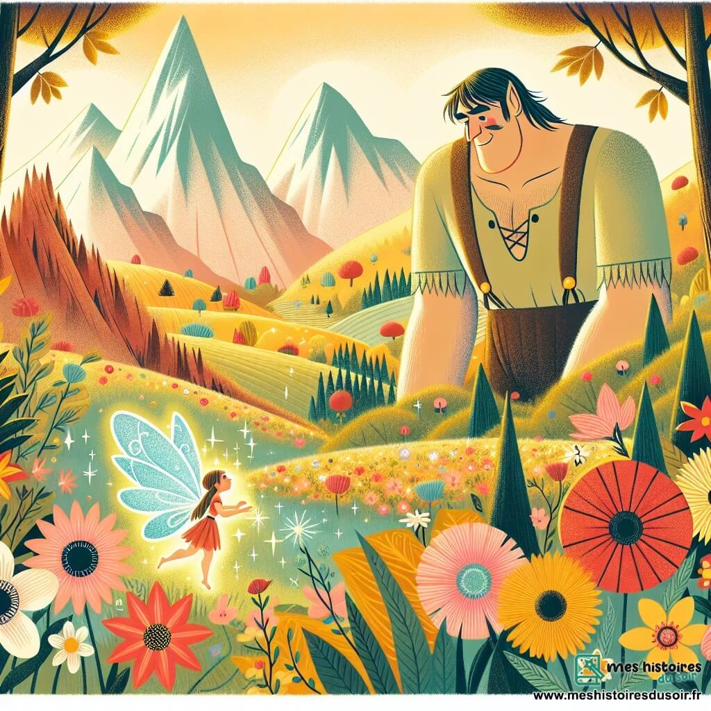 Une illustration destinée aux enfants représentant un géant timide découvrant un monde enchanté en compagnie d'une petite fée étincelante, dans une vallée aux fleurs multicolores et aux arbres aux feuilles d'or.