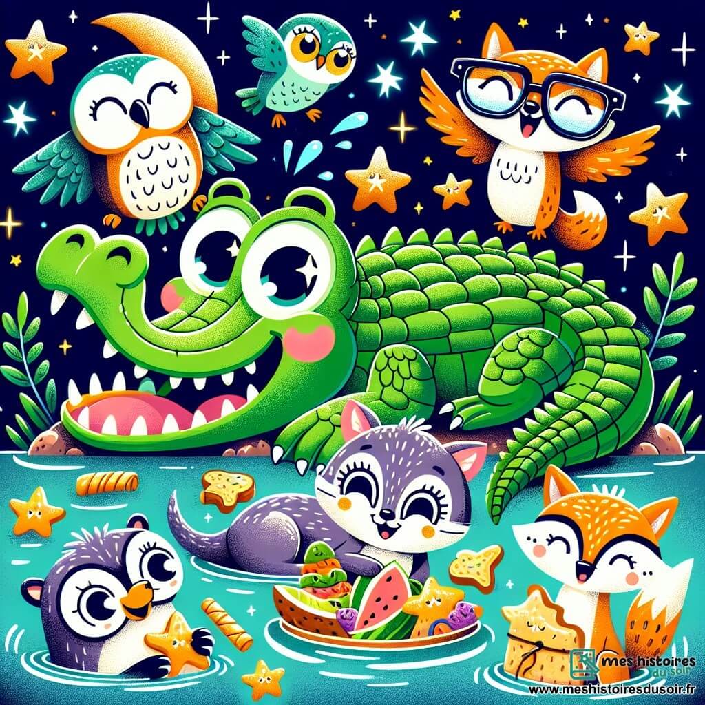 Une illustration sous forme de dessin destinée aux enfants représentant un zoo coloré et animé, avec un crocodile aux écailles vertes éclatantes, aux yeux pétillants, se faufilant joyeusement hors de son bassin, entouré de ses amis : un hibou aux lunettes en forme d’étoile, une loutre espiègle et un renard rusé, tous riant et se préparant pour une escapade nocturne pleine de surprises, avec des snacks délicieux éparpillés autour d'eux, sous un ciel étoilé scintillant.
