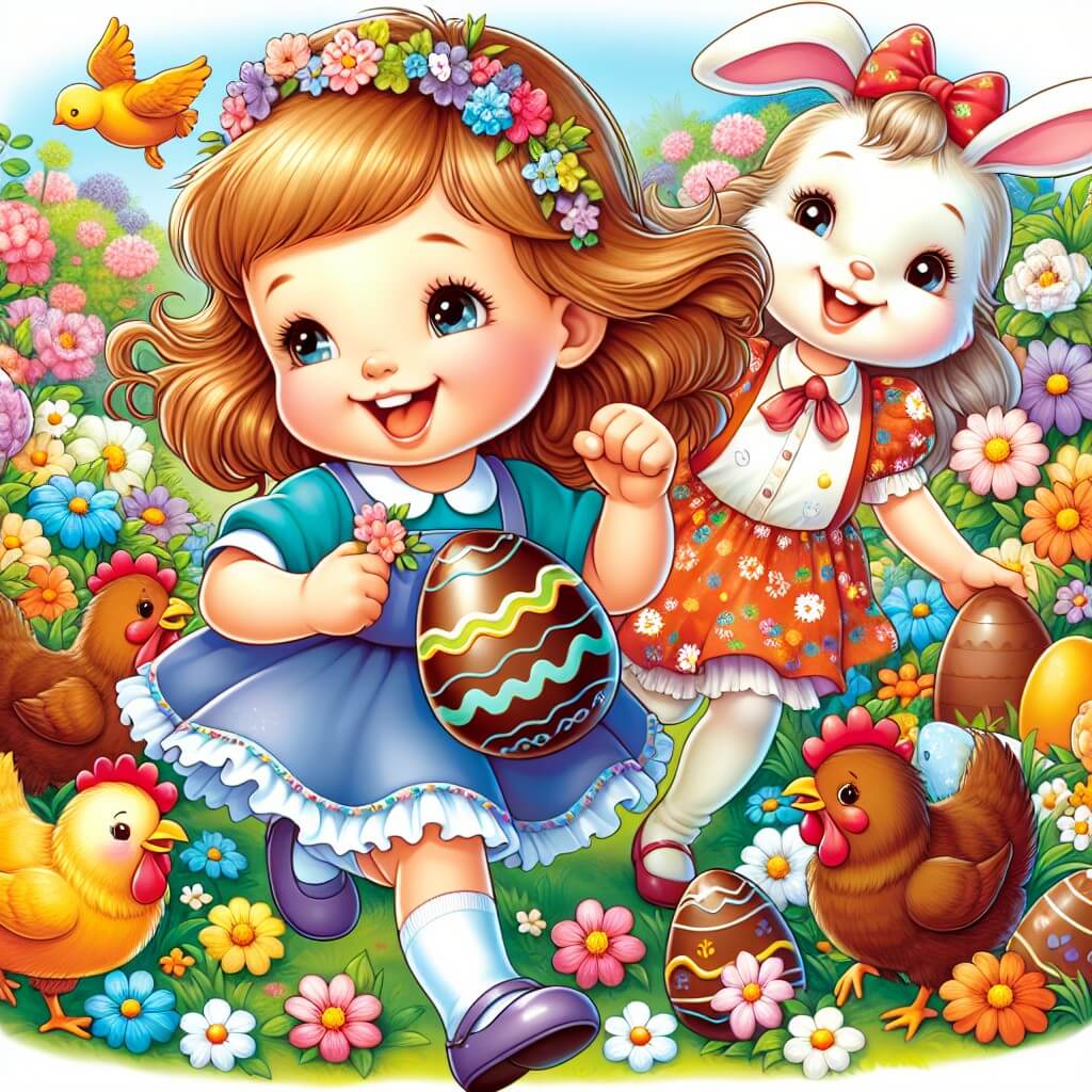 Une illustration destinée aux enfants représentant une petite fille joyeuse partant à la chasse aux œufs de Pâques dans un jardin fleuri, accompagnée de sa maman, entourée de lapins en chocolat et de poules colorées.
