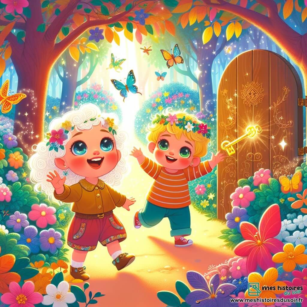 Une illustration sous forme de dessin destinée aux enfants représentant un parc enchanté baigné de lumière, avec des arbres aux feuilles colorées et des fleurs éclatantes, où une petite fille de 1 an aux cheveux bouclés et aux yeux pétillants explore joyeusement, tenant une clé dorée dans sa main, tandis qu'à ses côtés, un petit garçon de son âge, avec des cheveux blonds et un sourire éclatant, l'encourage à ouvrir une porte en bois cachée derrière des buissons fleuris, révélant un jardin secret rempli de papillons et de couleurs vives, symbolisant l'aventure et la découverte d'amitié.