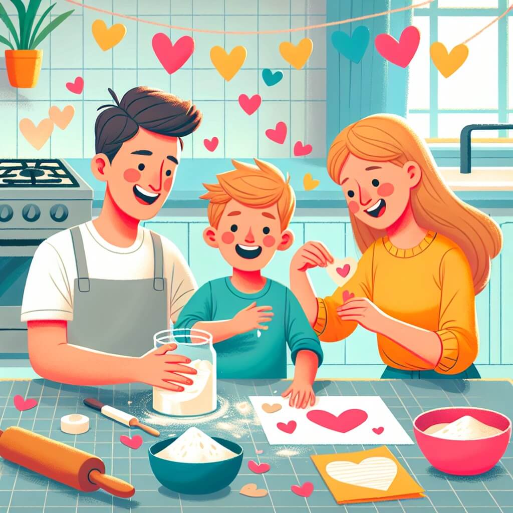 Une illustration destinée aux enfants représentant un petit garçon plein d'enthousiasme préparant une surprise pour son papa adoré, avec l'aide de sa maman, dans une cuisine colorée remplie de farine et de cœurs en papier découpés.
