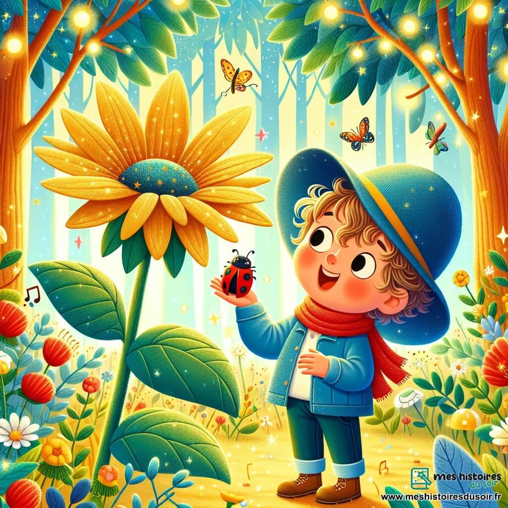 Une illustration sous forme de dessin destinée aux enfants représentant une forêt enchantée aux arbres chantants et aux fleurs dorées, avec un petit garçon de 1 an aux cheveux bouclés et au chapeau bleu, souriant et émerveillé en regardant une grande fleur aux pétales brillants, tandis qu'une coccinelle rouge se pose délicatement sur sa main, symbolisant la découverte du bonheur dans les petites choses de la nature.
