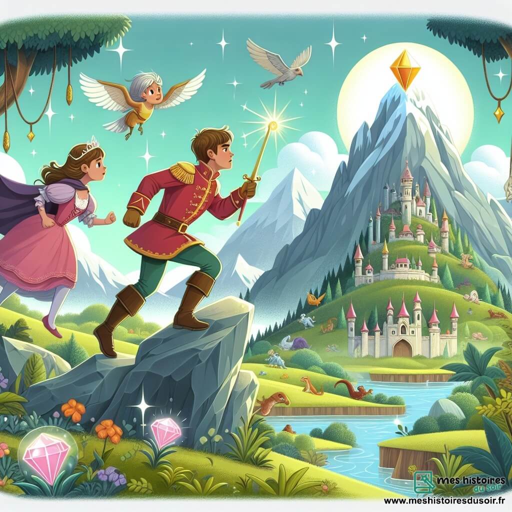 Une illustration destinée aux enfants représentant un prince courageux, se lançant dans une quête épique à travers un royaume magique et fantastique, accompagné d'une jeune fille mystérieuse, à la recherche d'un trésor étincelant caché au sommet d'une montagne entourée de créatures enchantées et de jardins luxuriants.