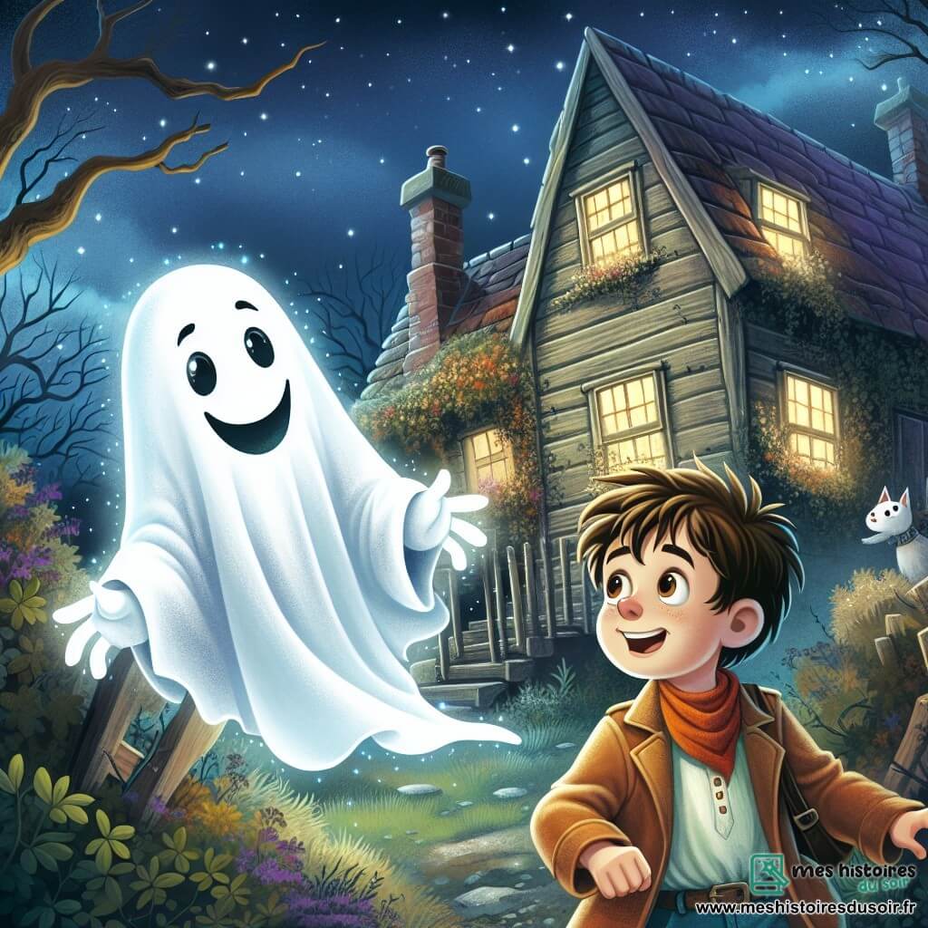 Une illustration sous forme de dessin destinée aux enfants représentant une vieille maison en bois avec un jardin en désordre, où un fantôme amical, flottant et translucide avec un grand sourire, des yeux pétillants et une robe blanche flottante, essaie de convaincre un garçon curieux aux cheveux bruns et aux vêtements colorés de l'aider à trouver un trésor caché dans la cave, tandis qu'un petit chat noir aux yeux brillants les observe avec curiosité, le tout dans une ambiance joyeuse et mystérieuse, avec des étoiles scintillantes dans le ciel nocturne.