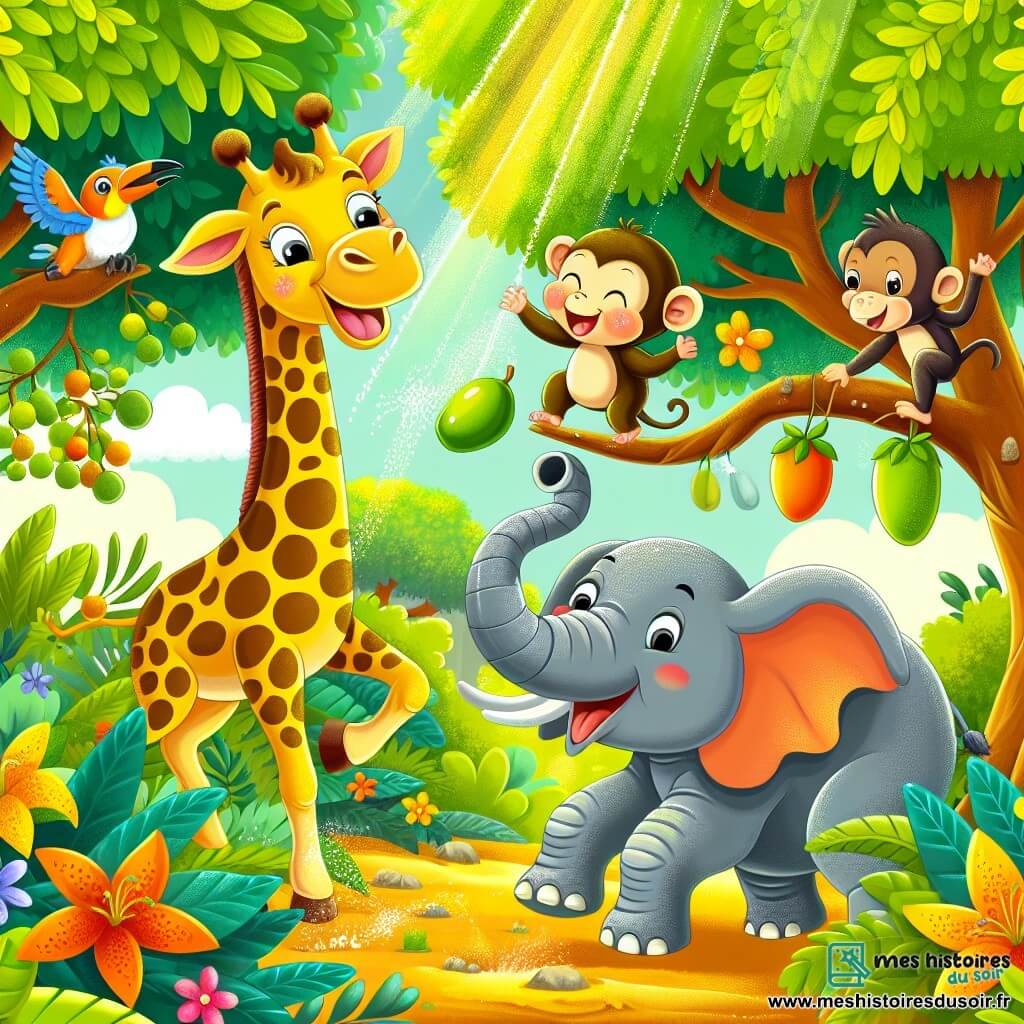 Illustration d'une jungle vibrante et colorée, avec des arbres majestueux aux feuilles éclatantes, des fleurs vives et des fruits juteux. Au centre, une girafe souriante lance une mangue vers un éléphant, qui se tient avec sa trompe tendue, prêt à attraper le fruit. Près d'eux, un petit singe espiègle grimpe à une branche en riant. La scène évoque joie et amitié, avec des rayons de soleil illuminant les visages heureux des animaux, ajoutant une touche ludique à cette aventure dans la jungle.