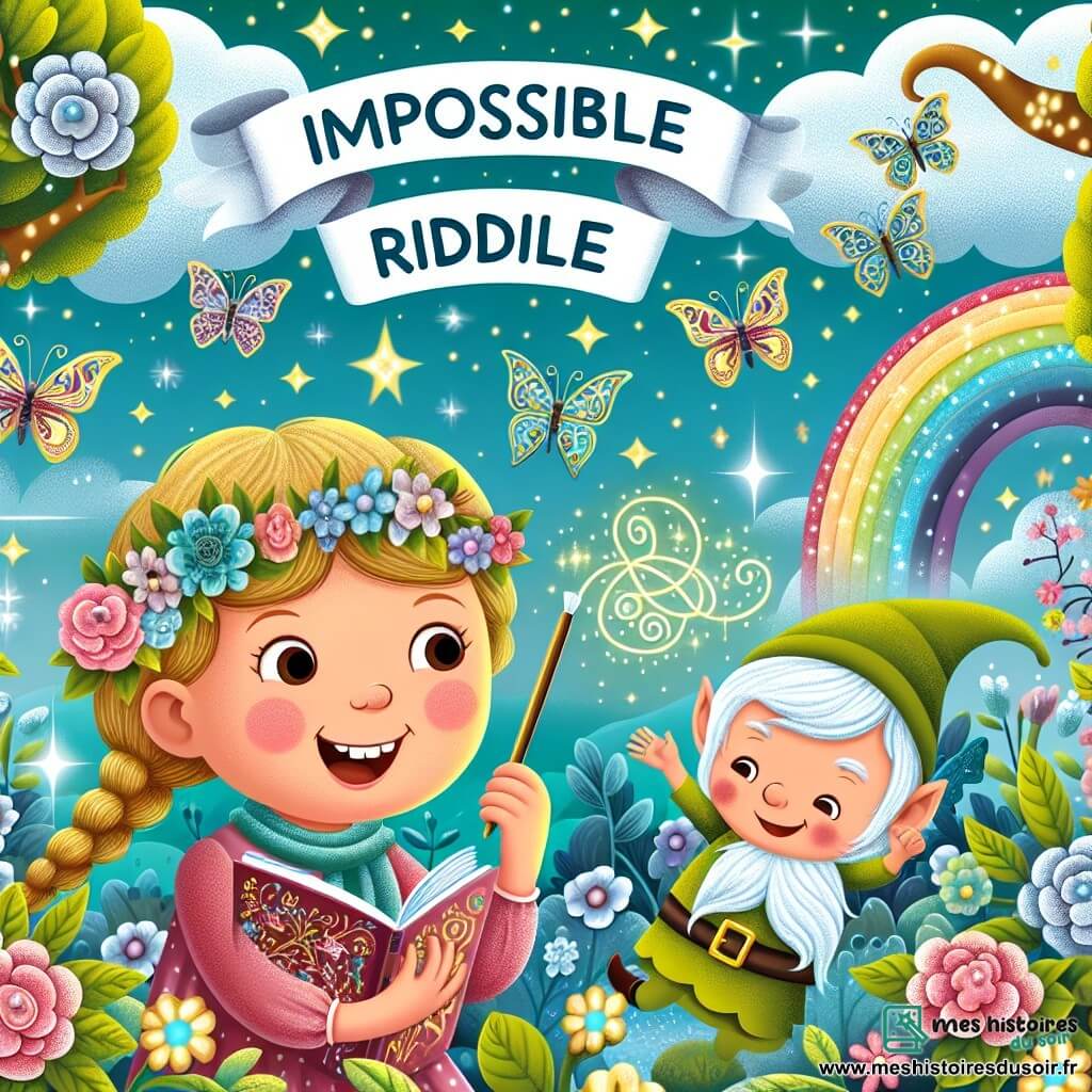 Une illustration destinée aux enfants représentant une fillette pleine de vie devant résoudre des énigmes impossibles avec l'aide d'un lutin farceur, dans un jardin enchanté rempli d'arbres à papillons scintillants et d'arc-en-ciel lumineux.