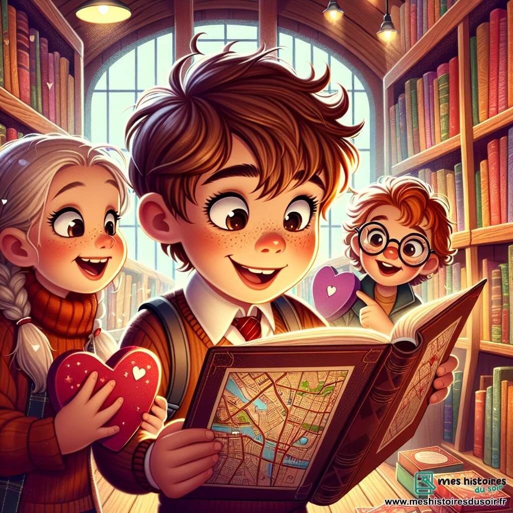 Une illustration sous forme de dessin destinée aux enfants représentant une charmante librairie aux murs en bois et aux étagères remplies de livres colorés, où un garçon de 11 ans aux cheveux ébouriffés et aux yeux pétillants examine avec curiosité une carte mystérieuse, entouré de deux amis : une fille aux cheveux tressés et souriants, tenant une boîte de chocolats en forme de cœur, et un garçon à lunettes, enthousiaste, qui pointe un livre ouvert, le tout baigné dans une douce lumière chaleureuse, évoquant l'excitation d'une chasse au trésor de Saint-Valentin.