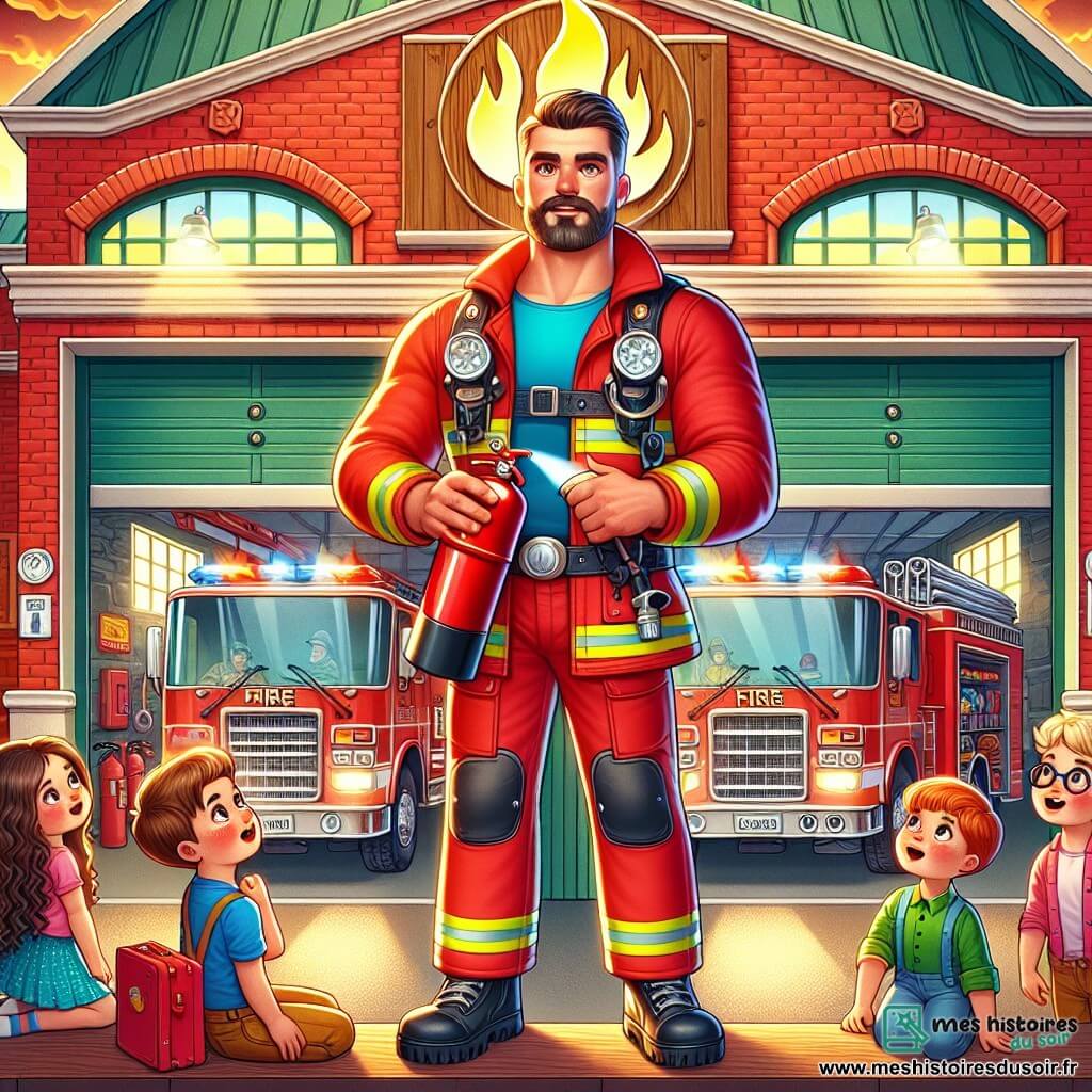 Illustration d'une caserne de pompiers colorée avec des camions rouges devant un bâtiment en briques, surmonté d'une enseigne en bois avec une flamme stylisée. À l'intérieur, une lumière chaleureuse éclaire des équipements de lutte contre l'incendie. Au premier plan, un homme musclé et souriant en combinaison de pompier rouge vif montre aux enfants comment utiliser un extincteur. Plusieurs enfants, dont un garçon aux cheveux bruns, une fille aux cheveux bouclés et un autre garçon avec des lunettes, écoutent attentivement, affichant des expressions d'émerveillement. Le pompier explique l'importance de la sécurité incendie, tandis que des affiches colorées décorent les murs et des ballons flottent, créant une ambiance festive.