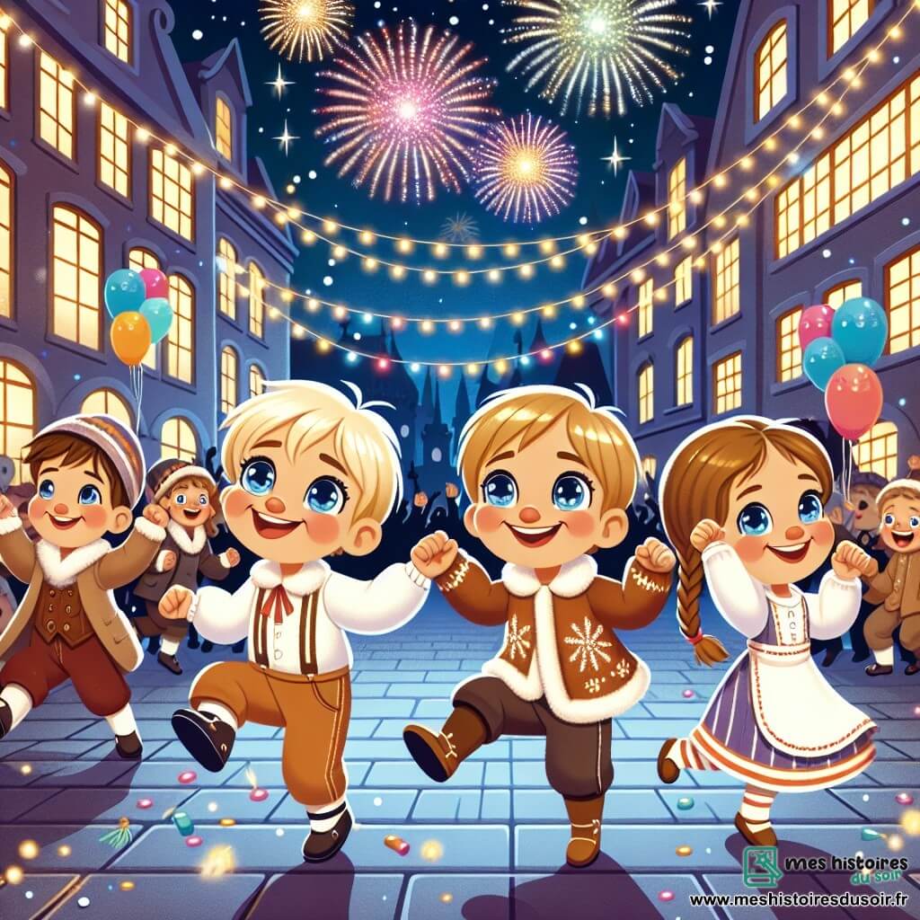 Une illustration sous forme de dessin destinée aux enfants représentant une rue animée décorée de guirlandes scintillantes et de ballons colorés, où un groupe d'enfants de 3 ans, deux garçons aux cheveux blonds et aux yeux pétillants, sautent de joie en dansant et chantant ensemble, tandis qu'une petite fille aux cheveux bruns en tresse les observe avec un grand sourire, tous célébrant le Nouvel An sous un ciel étoilé illuminé par des feux d'artifice éclatants.