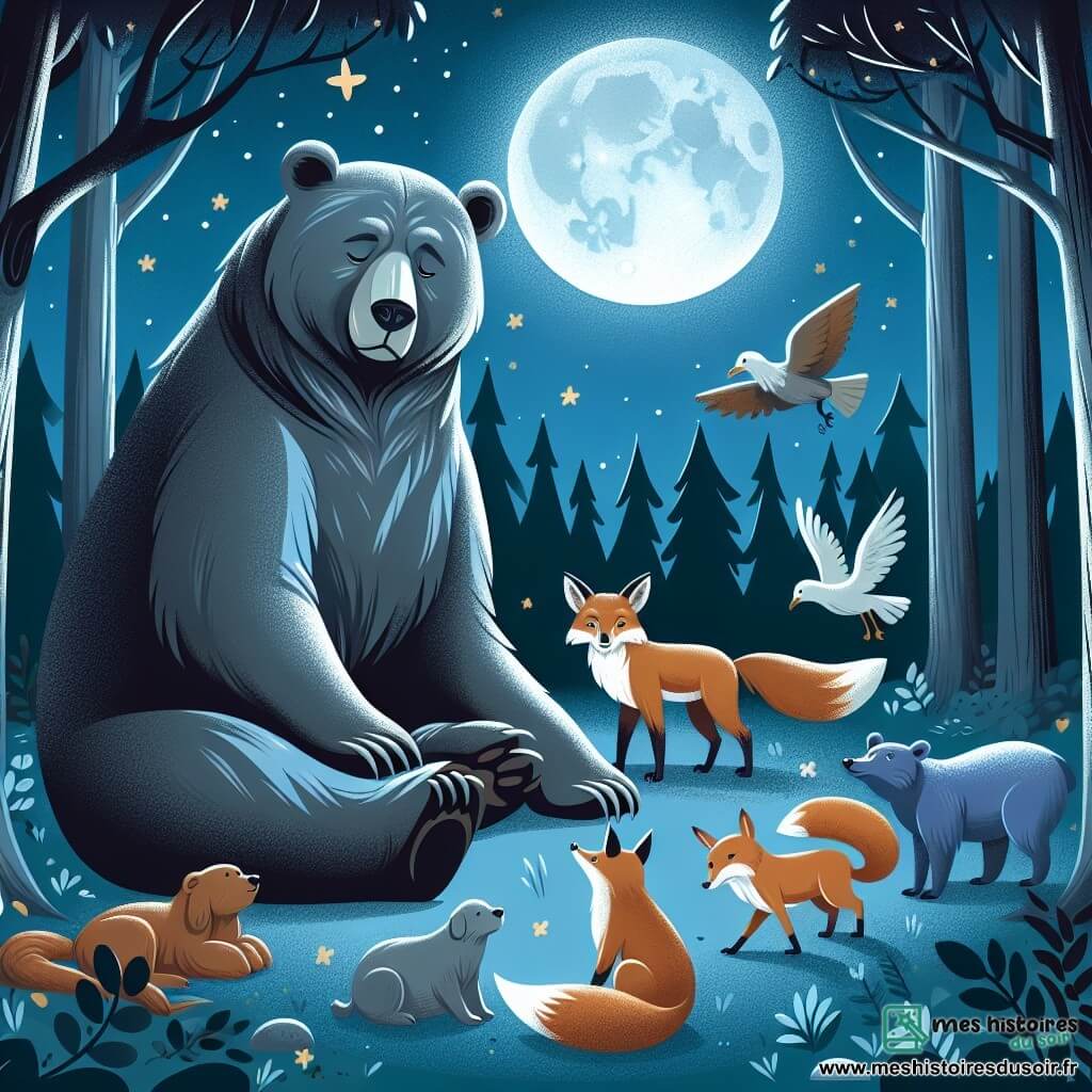 Une illustration destinée aux enfants représentant une ourse majestueuse, une situation de solidarité entre animaux de la forêt, un renard soucieux, dans une clairière enchantée baignée par la lumière de la lune.