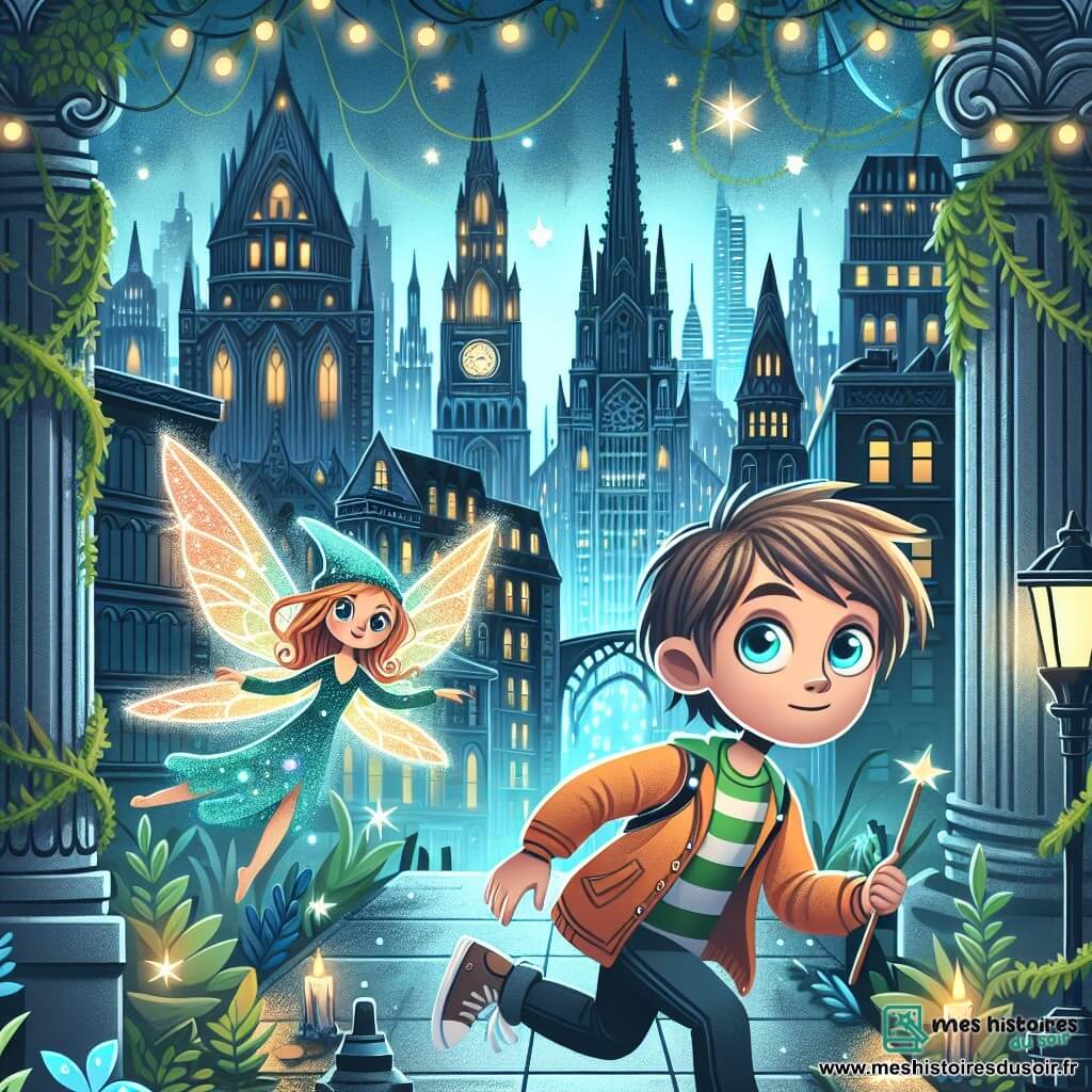 Une illustration destinée aux enfants représentant un garçon aux yeux brillants évoluant dans un monde fantastique urbain, accompagné d'une fée espiègle aux ailes chatoyantes, dans une cité aux bâtiments anciens et majestueux recouverts de lierre et de mystère.