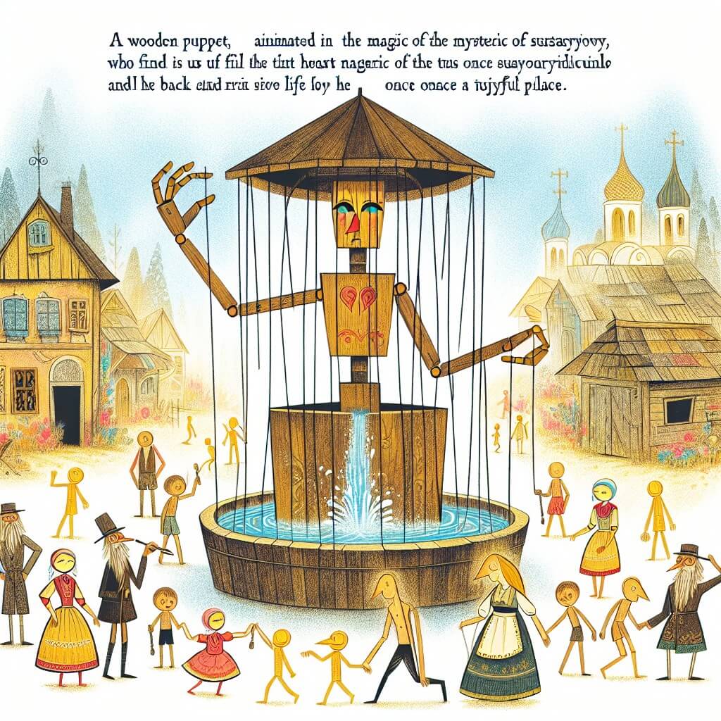 Une illustration destinée aux enfants représentant une marionnette en bois, animée par la magie d'une fontaine mystérieuse, qui se retrouve au cœur d'un village abandonné et négligé, où elle affronte des politiciens corrompus pour redonner vie, couleur et espoir à cet endroit autrefois vibrant et joyeux.