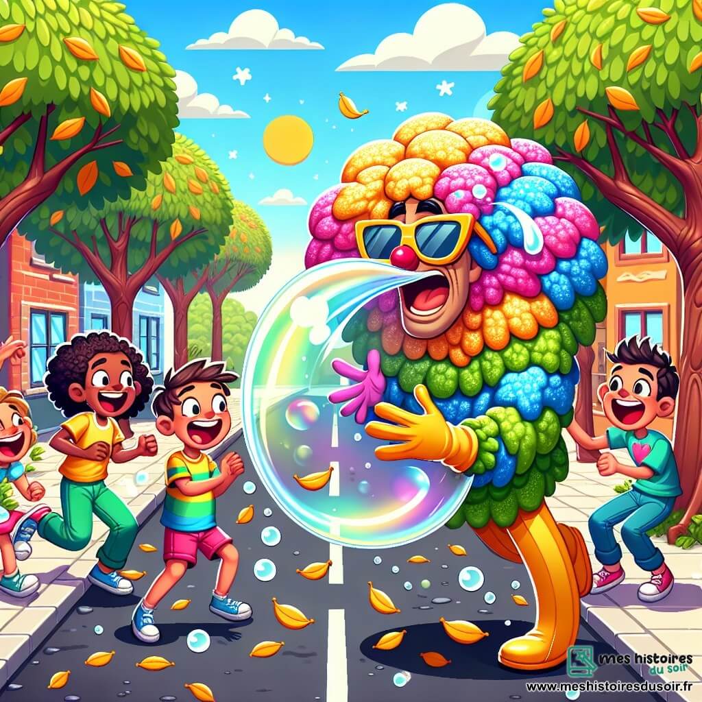 Une illustration sous forme de dessin destinée aux enfants représentant une rue ensoleillée de Bananaville, avec des arbres aux feuilles colorées et des enfants riant, où un homme en costume de mousse colorée, portant des lunettes de soleil surdimensionnées, éternue et crée une gigantesque bulle de savon qui emporte un vilain au costume bizarrement odorant, qui est un homme avec une expression surprise, tandis que des enfants aux cheveux bouclés et des vêtements vifs courent autour d'eux, riant et pointant du doigt la scène comique.