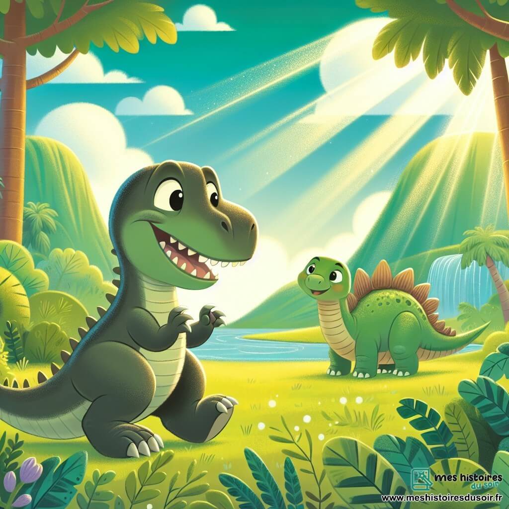 Une illustration destinée aux enfants représentant un jeune tyrannosaure Rex curieux se retrouvant dans un monde où les dinosaures parlent, accompagné d'un stégosaure intelligent, dans une vallée verdoyante avec des cascades scintillantes et des plaines ensoleillées.
